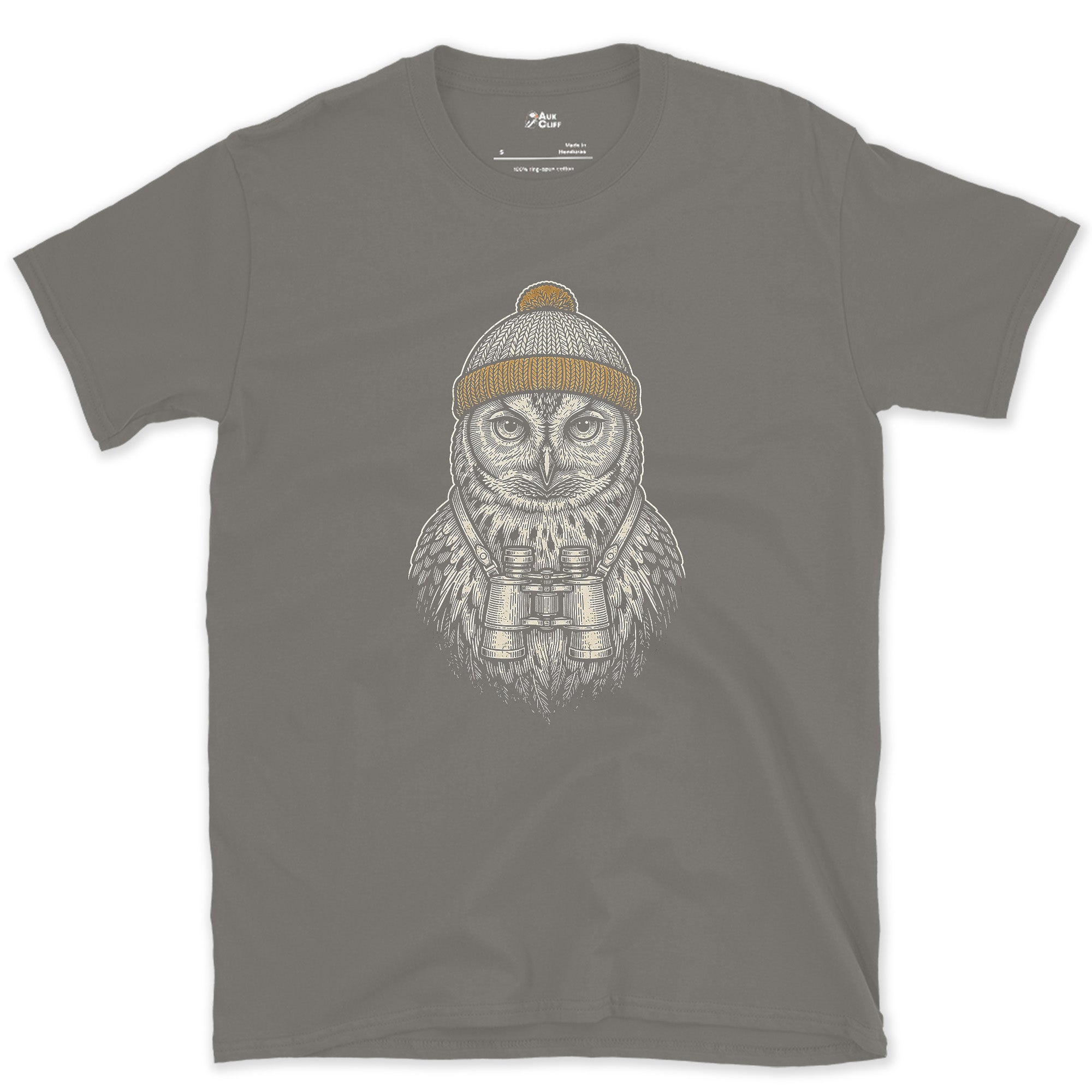 The Owl Doing Its Own Birdwatching, Straight Faced design on a Charcoal Gildan Softstyle t-shirt