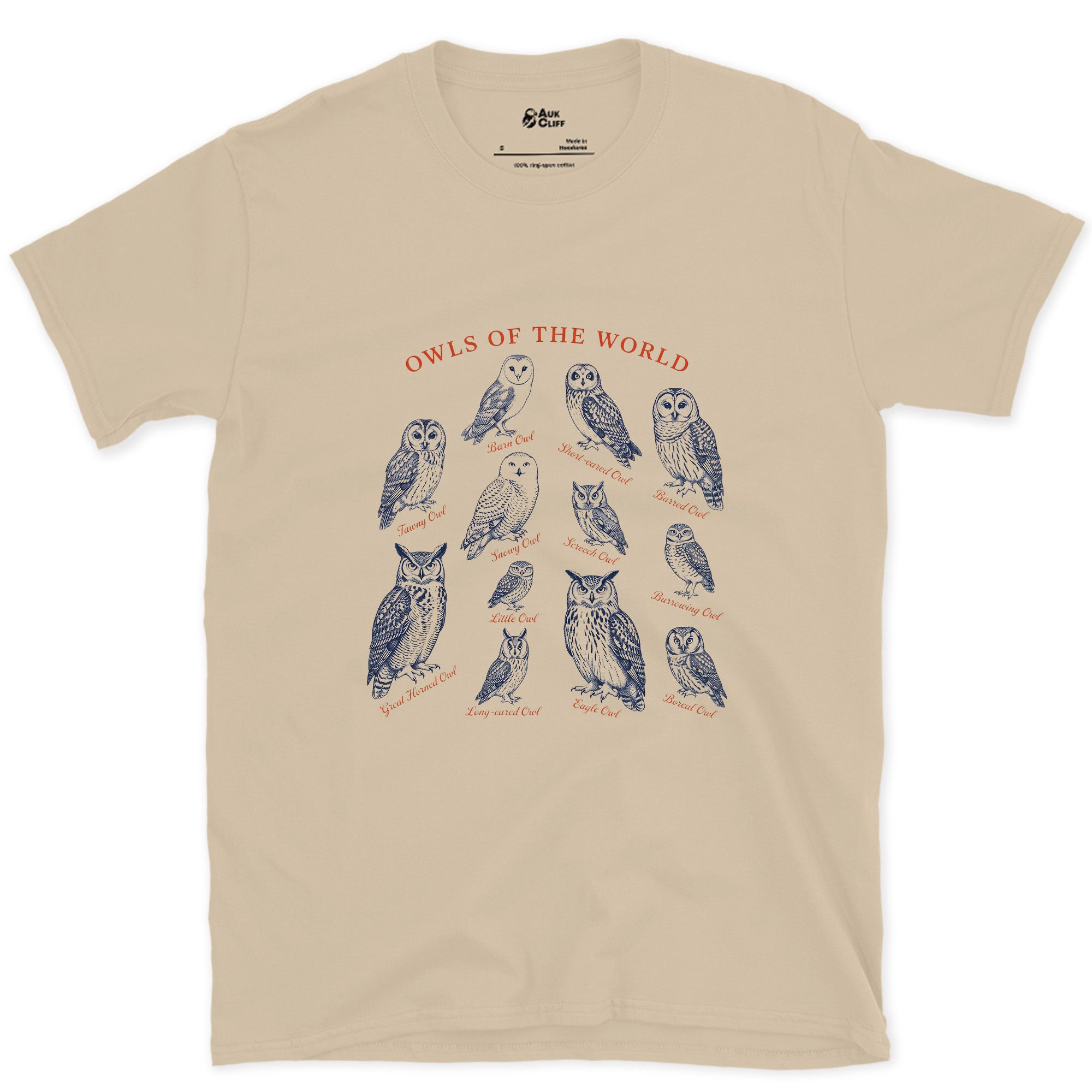Owls of the World, Bound for a Field Guide design on a Sand Gildan Softstyle t-shirt