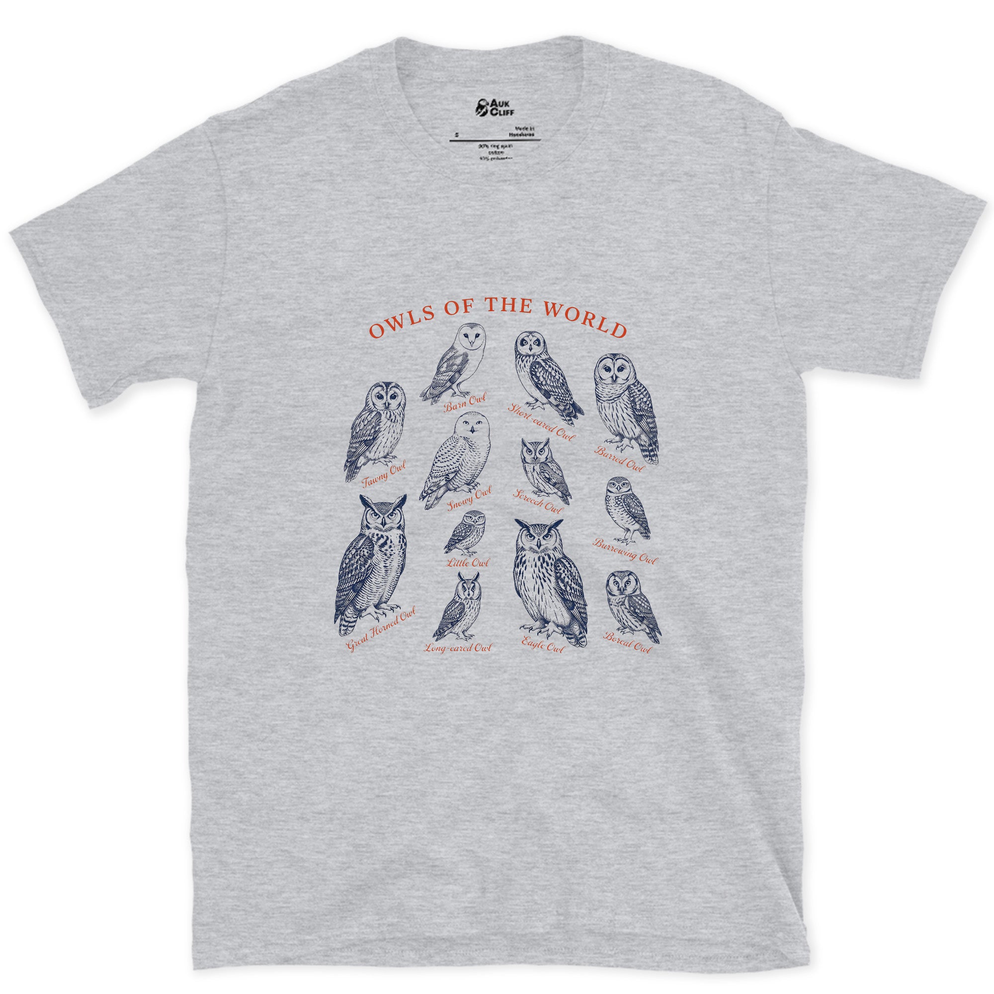 Owls of the World, Bound for a Field Guide design on a Sport Grey Gildan Softstyle t-shirt