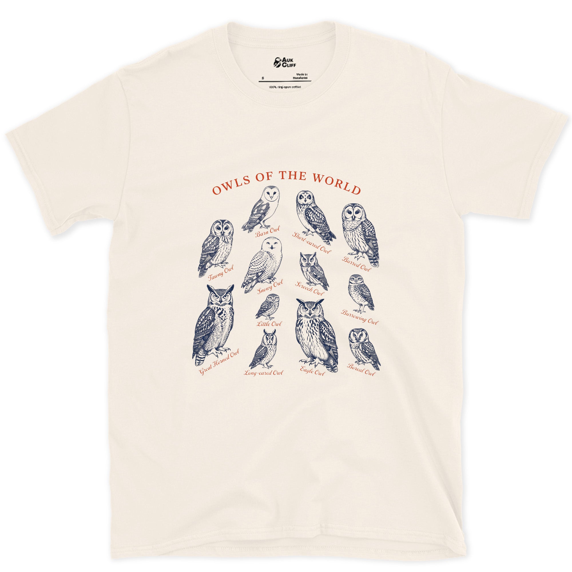 Owls of the World, Bound for a Field Guide design on a Natural Gildan Softstyle t-shirt