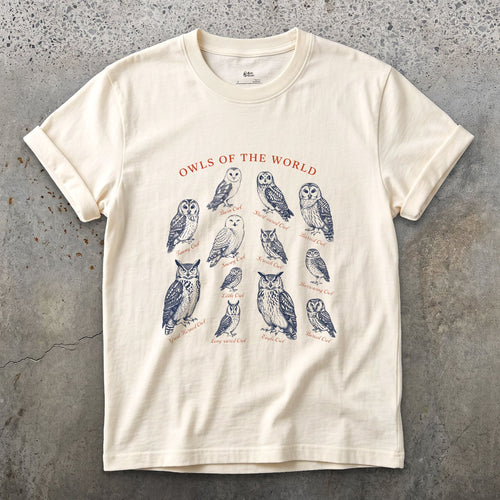 Owls of the World, Bound for a Field Guide design on a Natural Gildan Softstyle t-shirt