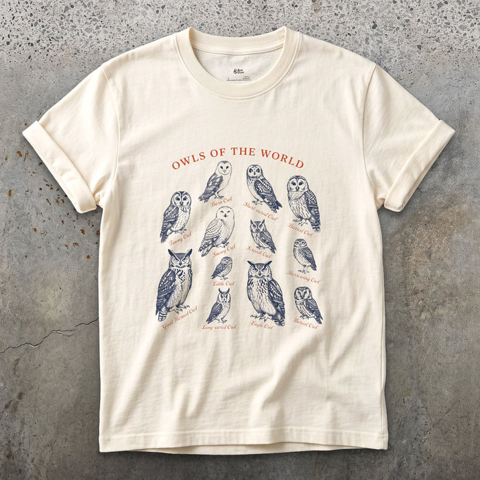 Owls of the World, Bound for a Field Guide design on a Natural Gildan Softstyle t-shirt