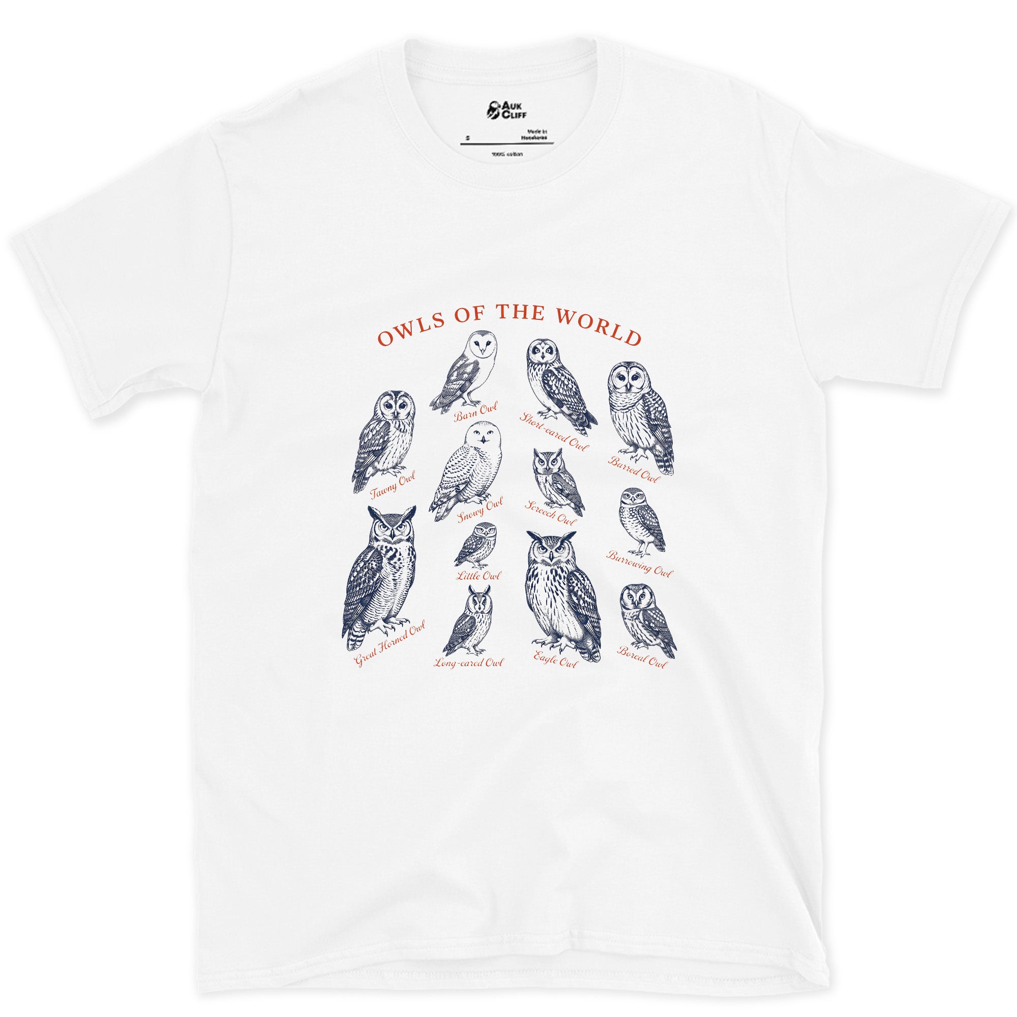 Owls of the World, Bound for a Field Guide design on a White Gildan Softstyle t-shirt