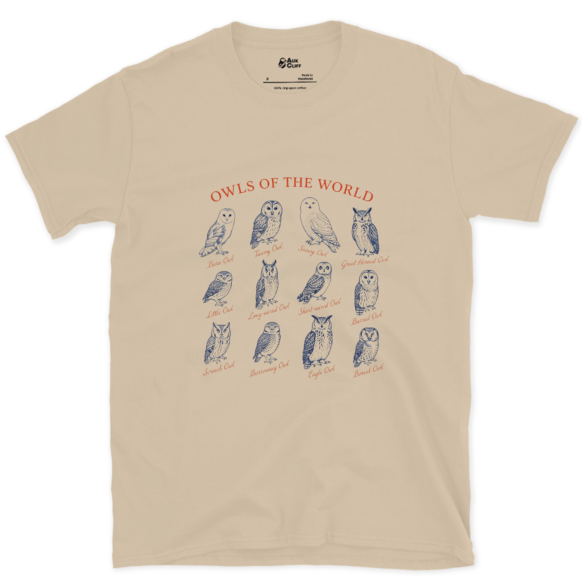 Owls of the World, Compared Side by Side design on a Sand Gildan Softstyle t-shirt