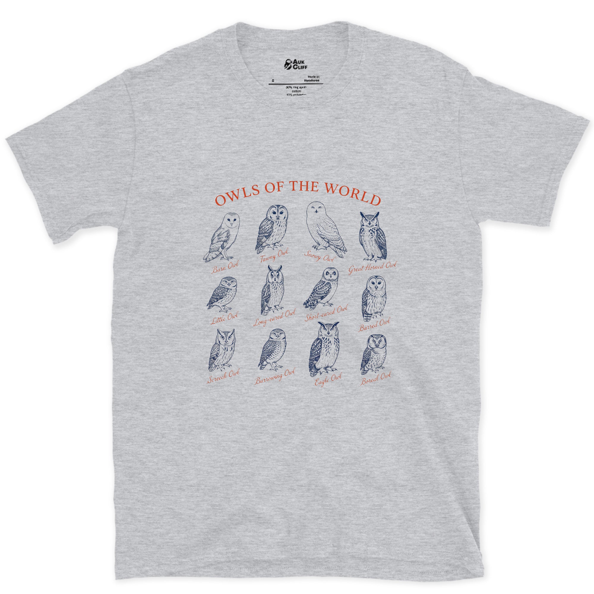 Owls of the World, Compared Side by Side design on a Sport Grey Gildan Softstyle t-shirt