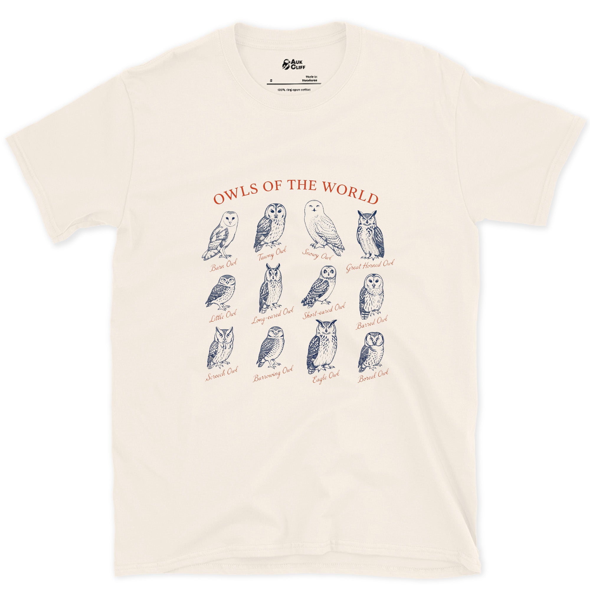 Owls of the World, Compared Side by Side design on a Natural Gildan Softstyle t-shirt