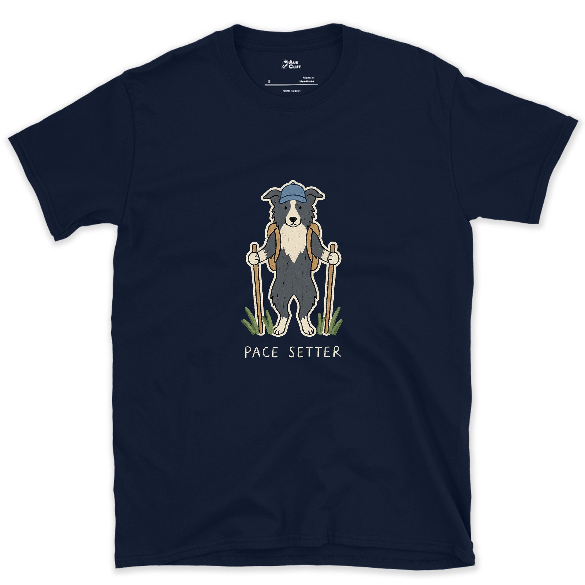 Pace Setter, Border Collie Hiker design on a Navy Gildan Softstyle t-shirt