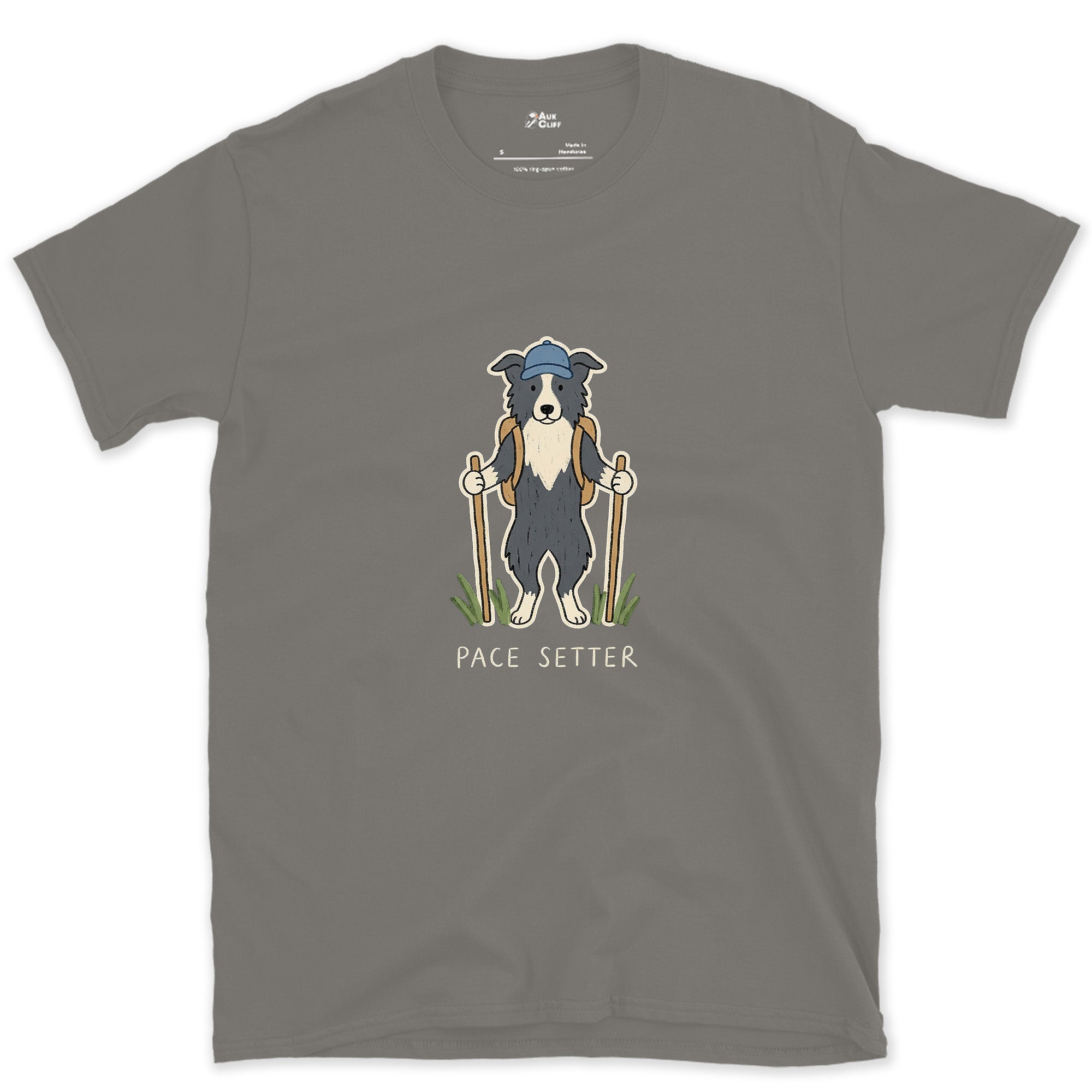 Pace Setter, Border Collie Hiker design on a Charcoal Gildan Softstyle t-shirt