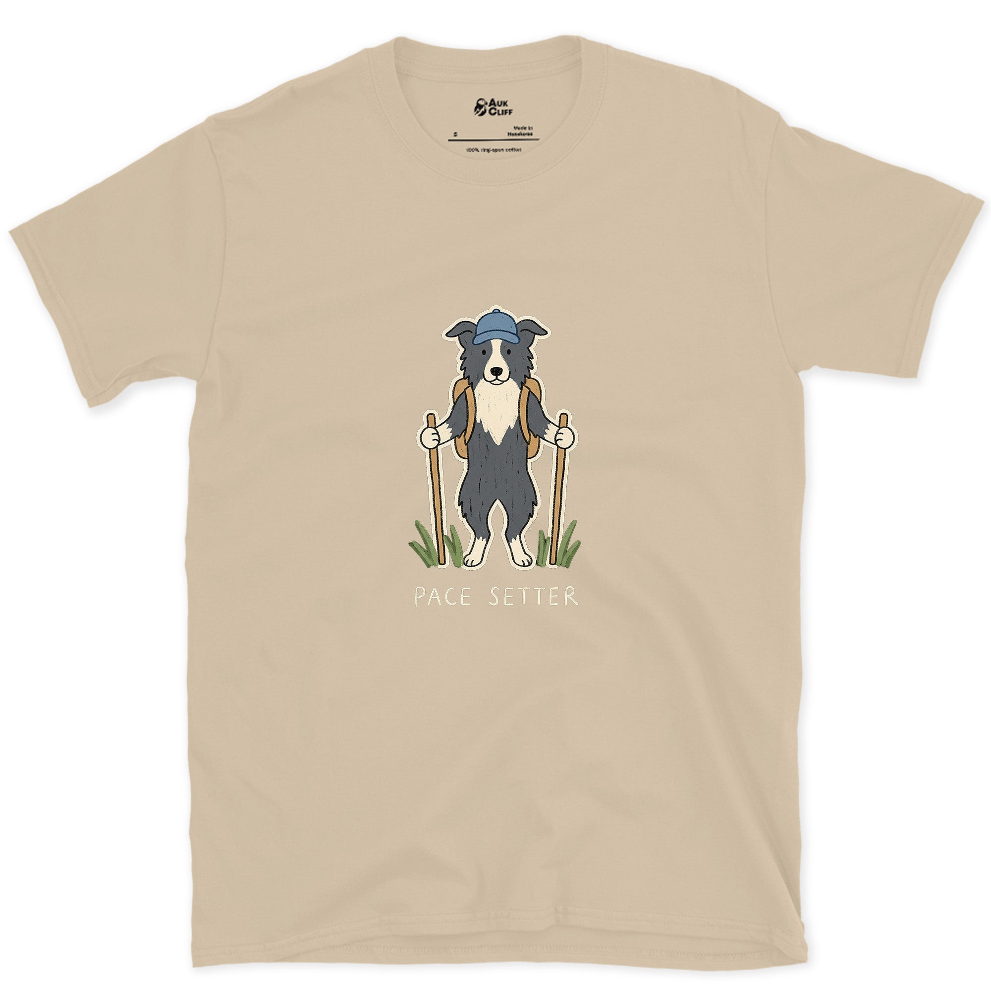Pace Setter, Border Collie Hiker design on a Sand Gildan Softstyle t-shirt