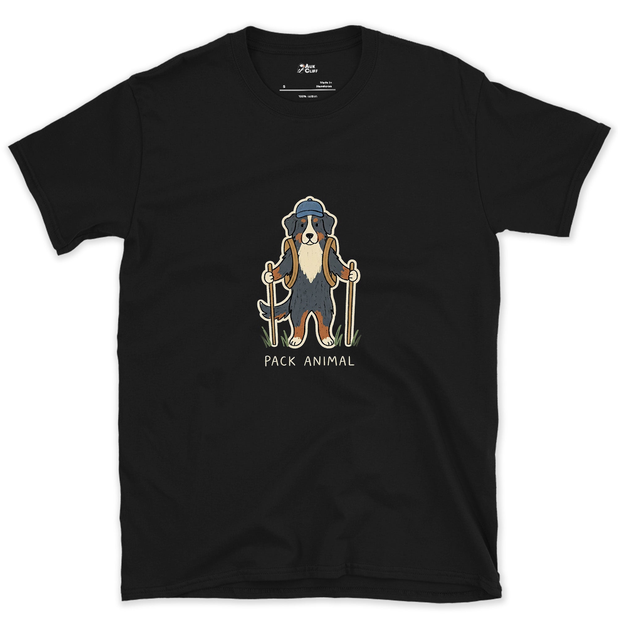 The Pack's Pack Animal, Bernese design on a Black Gildan Softstyle t-shirt