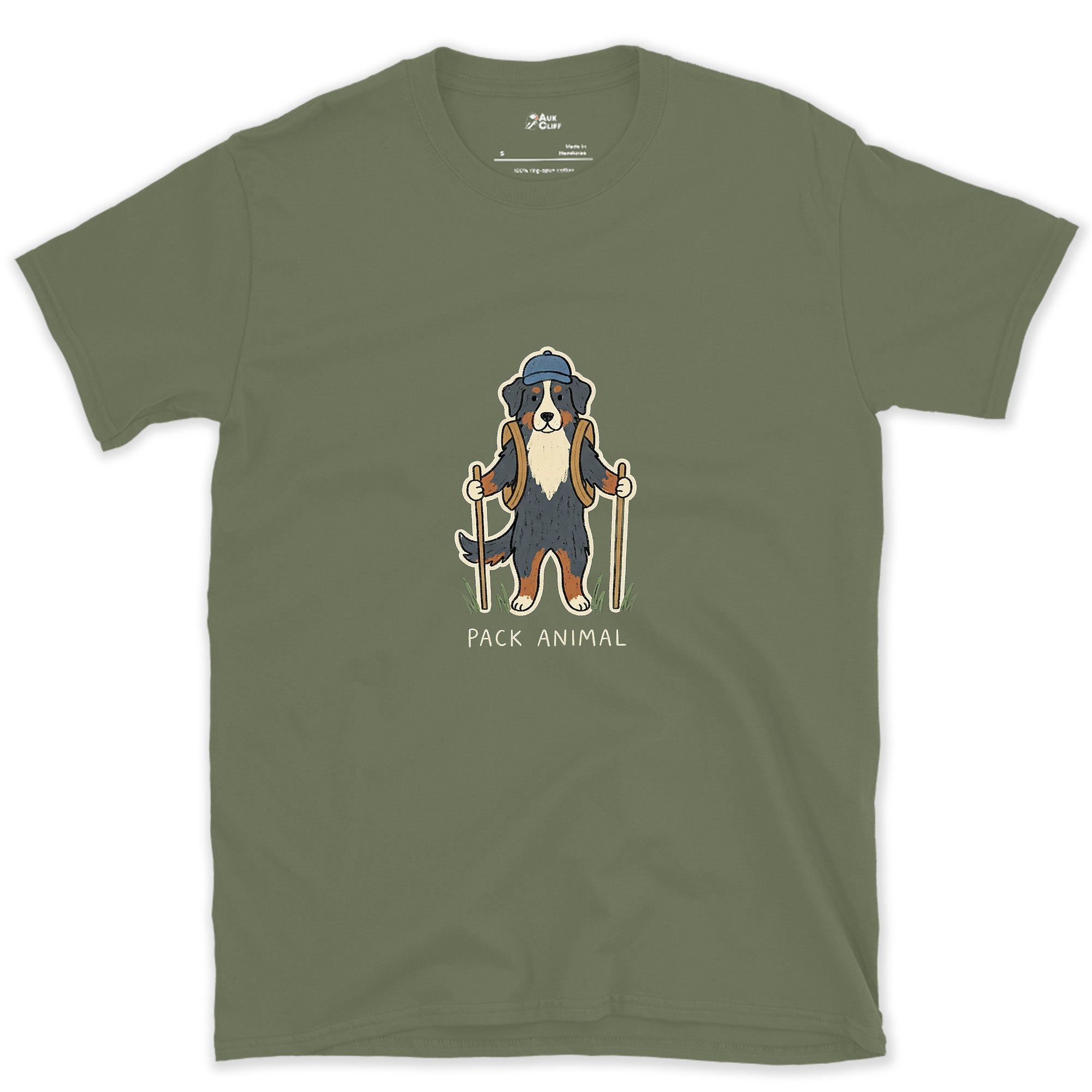 The Pack's Pack Animal, Bernese design on a Military Green Gildan Softstyle t-shirt