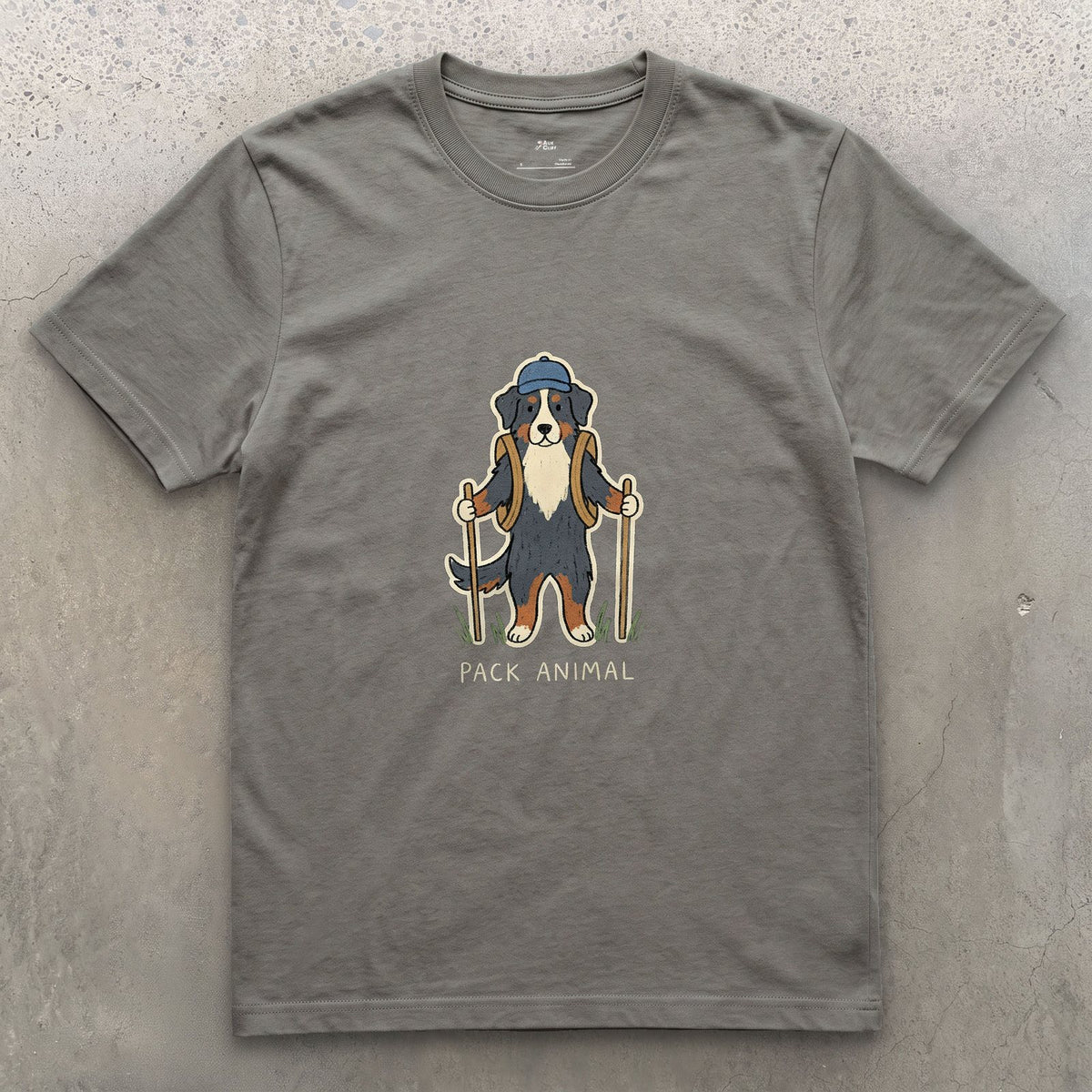 The Pack's Pack Animal, Bernese design on a Charcoal Gildan Softstyle t-shirt