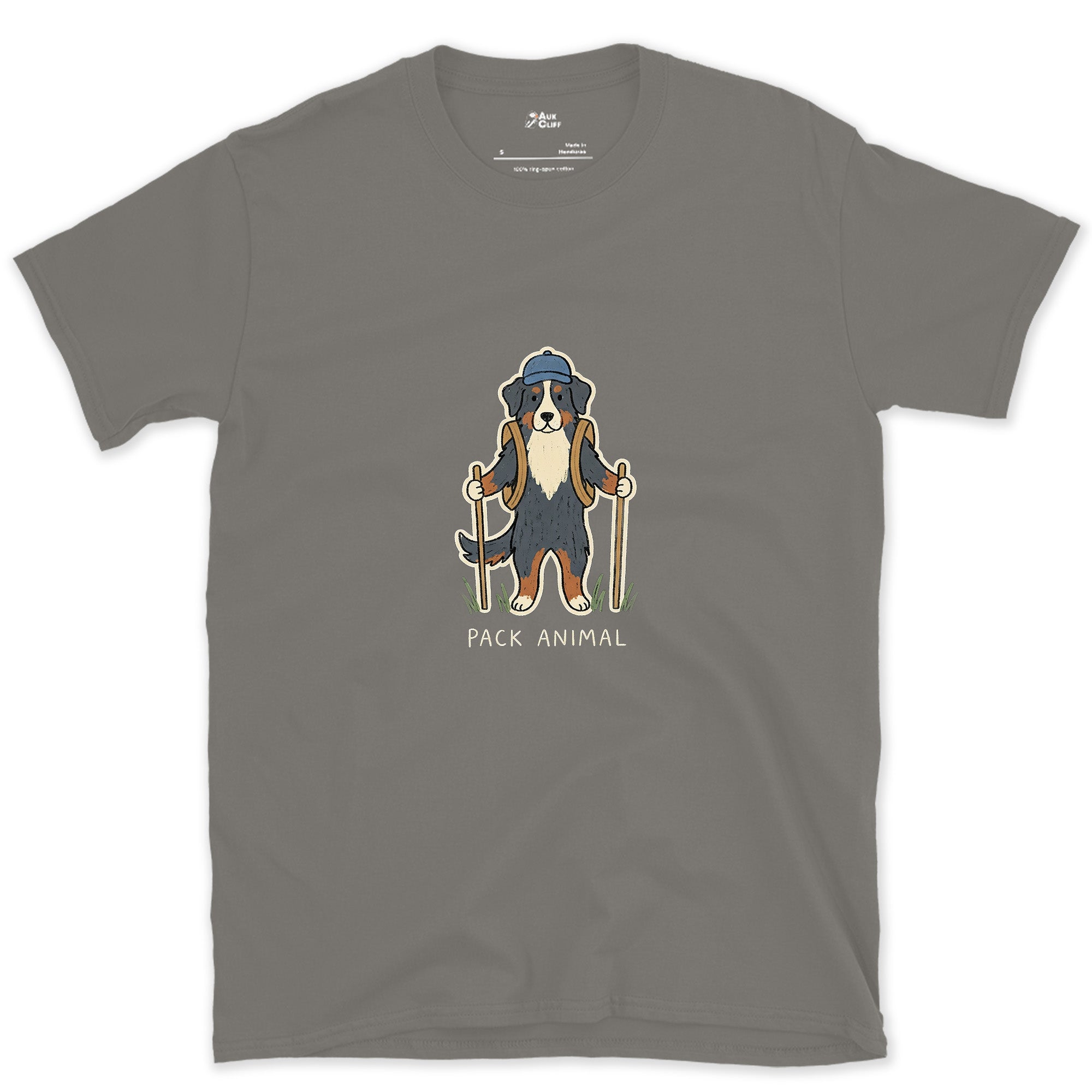 The Pack's Pack Animal, Bernese design on a Charcoal Gildan Softstyle t-shirt