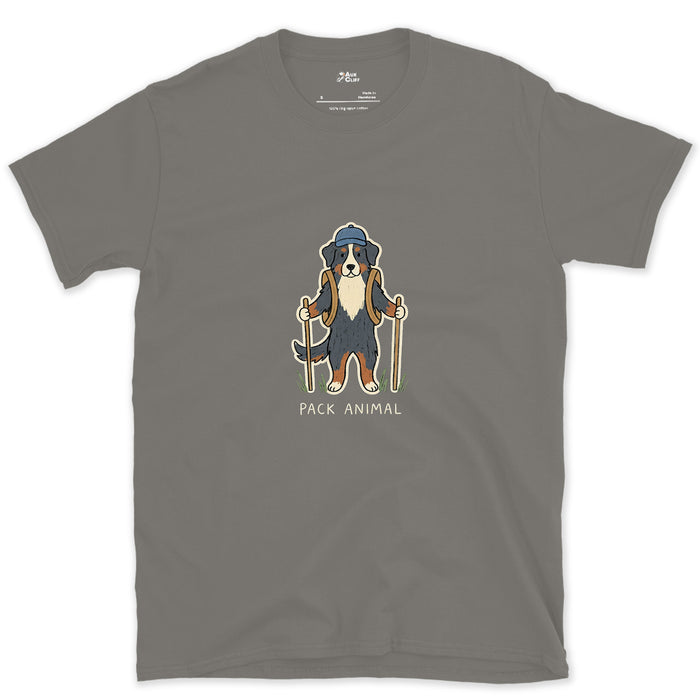 The Pack's Pack Animal, Bernese design on a Charcoal Gildan Softstyle t-shirt