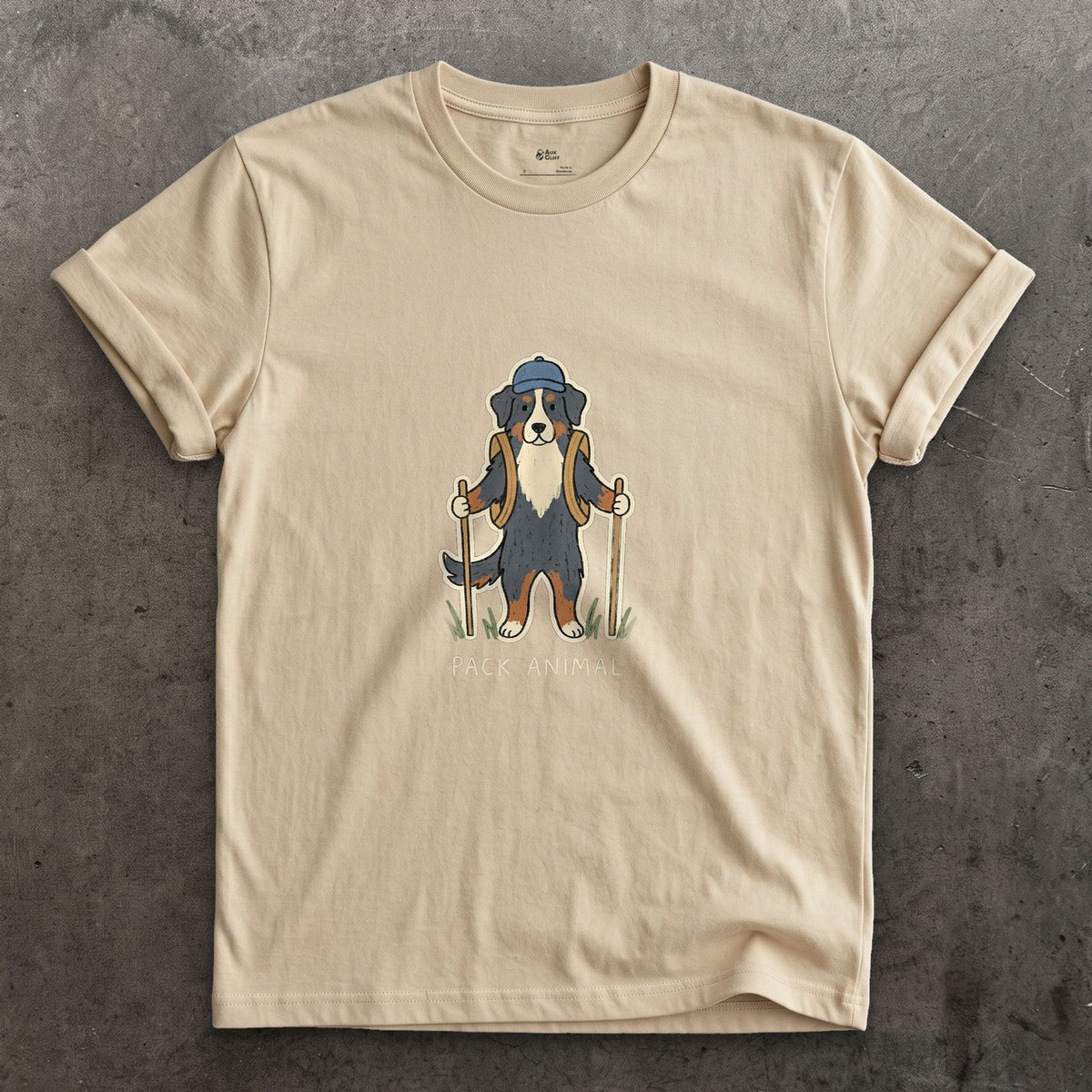 The Pack's Pack Animal, Bernese design on a Sand Gildan Softstyle t-shirt