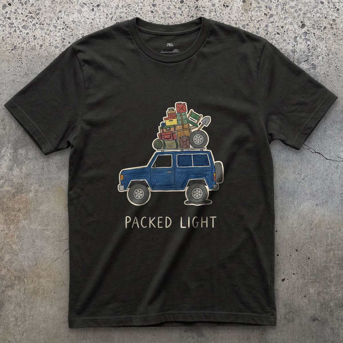 Packed Light, Blue 4x4 Wagon Roof Rack design on a Black Gildan Softstyle t-shirt