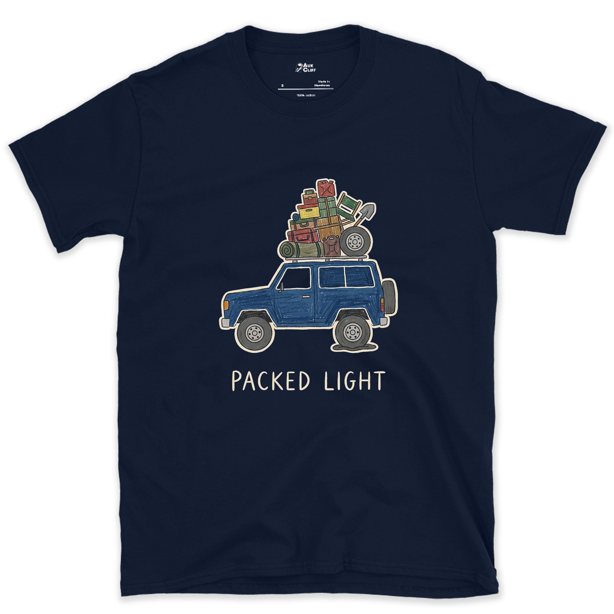 Packed Light, Blue 4x4 Wagon Roof Rack design on a Navy Gildan Softstyle t-shirt