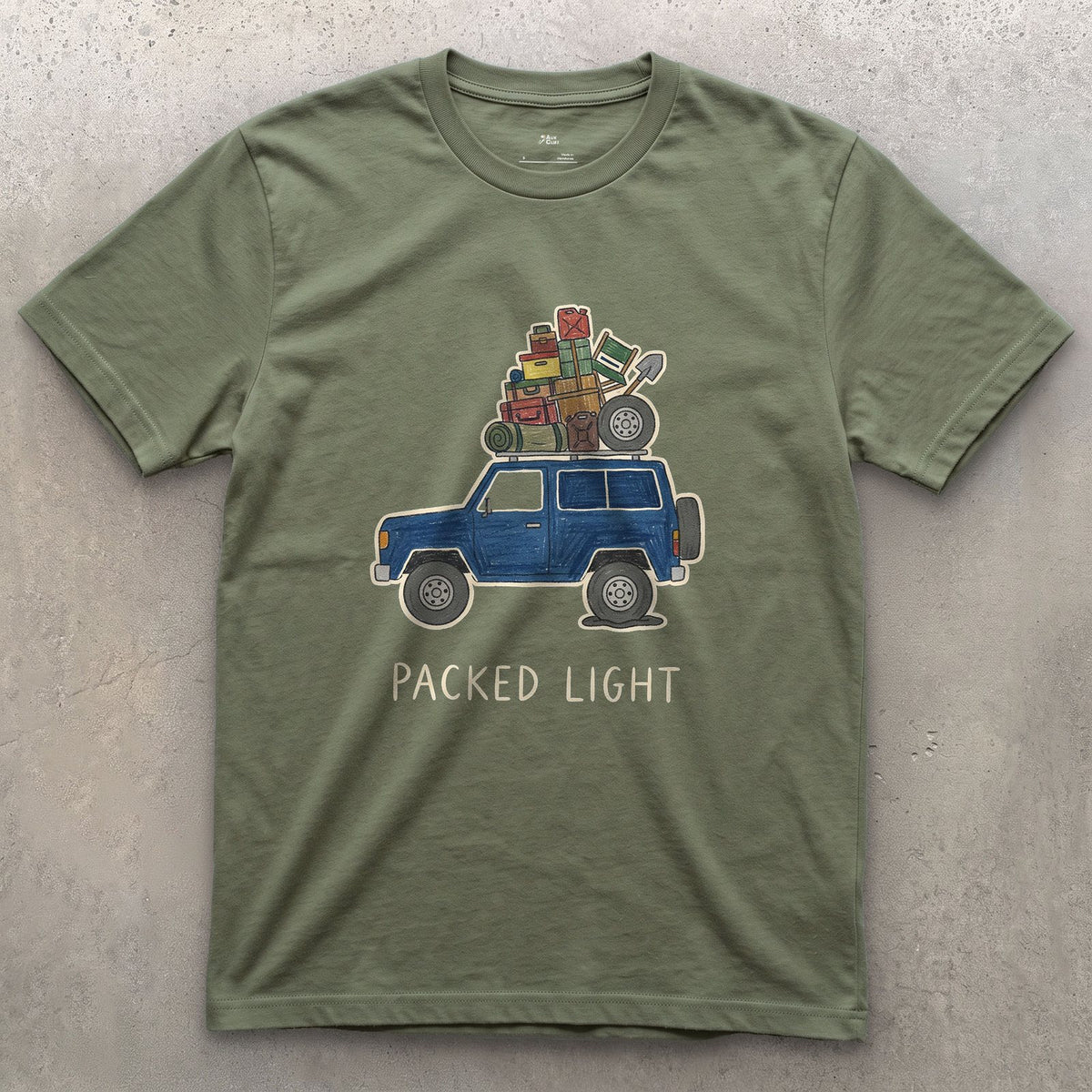 Packed Light, Blue 4x4 Wagon Roof Rack design on a Military Green Gildan Softstyle t-shirt