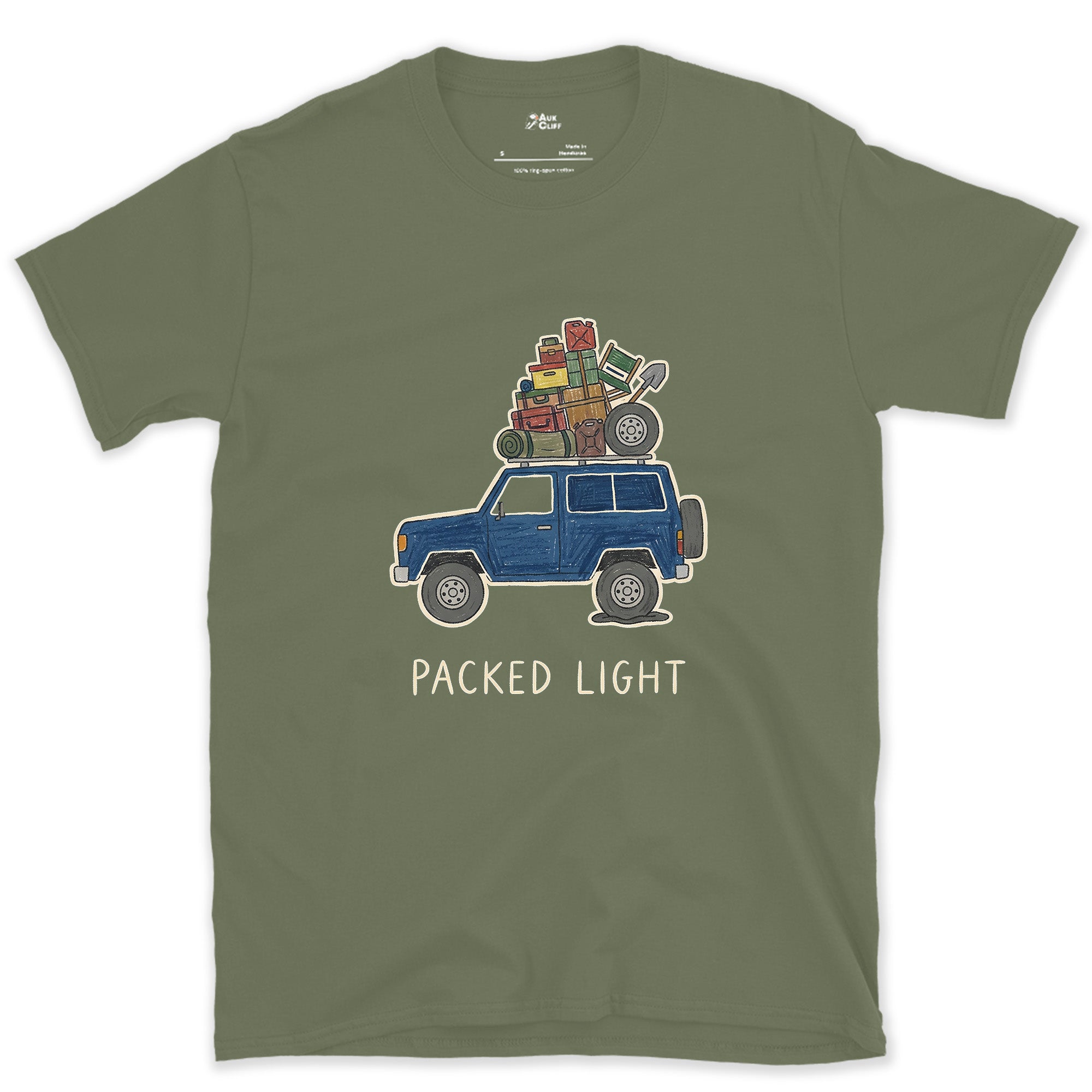 Packed Light, Blue 4x4 Wagon Roof Rack design on a Military Green Gildan Softstyle t-shirt