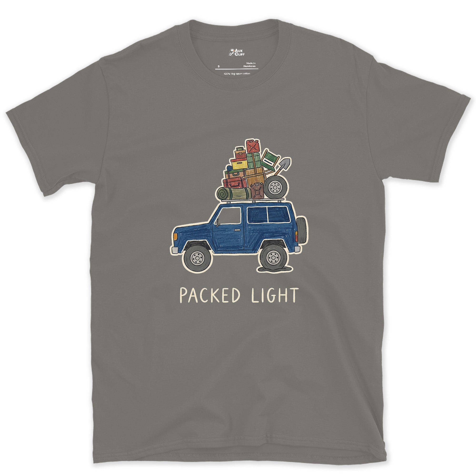 Packed Light, Blue 4x4 Wagon Roof Rack design on a Charcoal Gildan Softstyle t-shirt