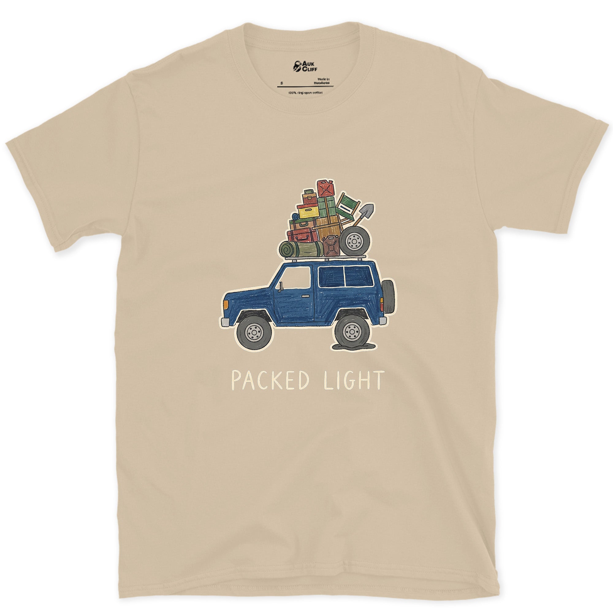 Packed Light, Blue 4x4 Wagon Roof Rack design on a Sand Gildan Softstyle t-shirt