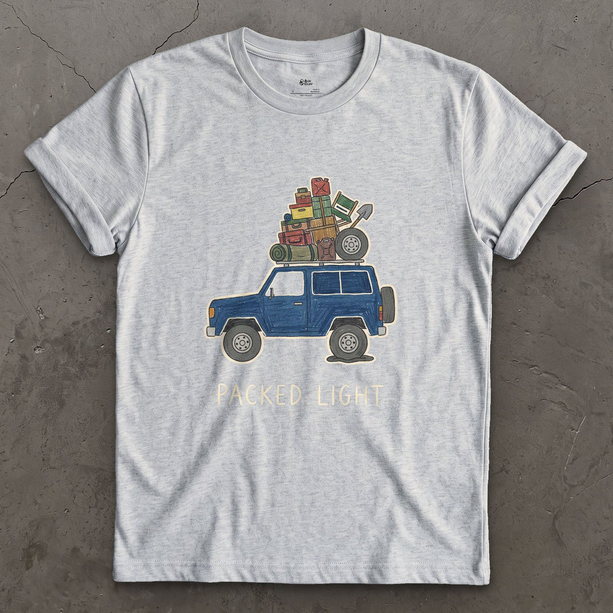 Packed Light, Blue 4x4 Wagon Roof Rack design on a Sport Grey Gildan Softstyle t-shirt