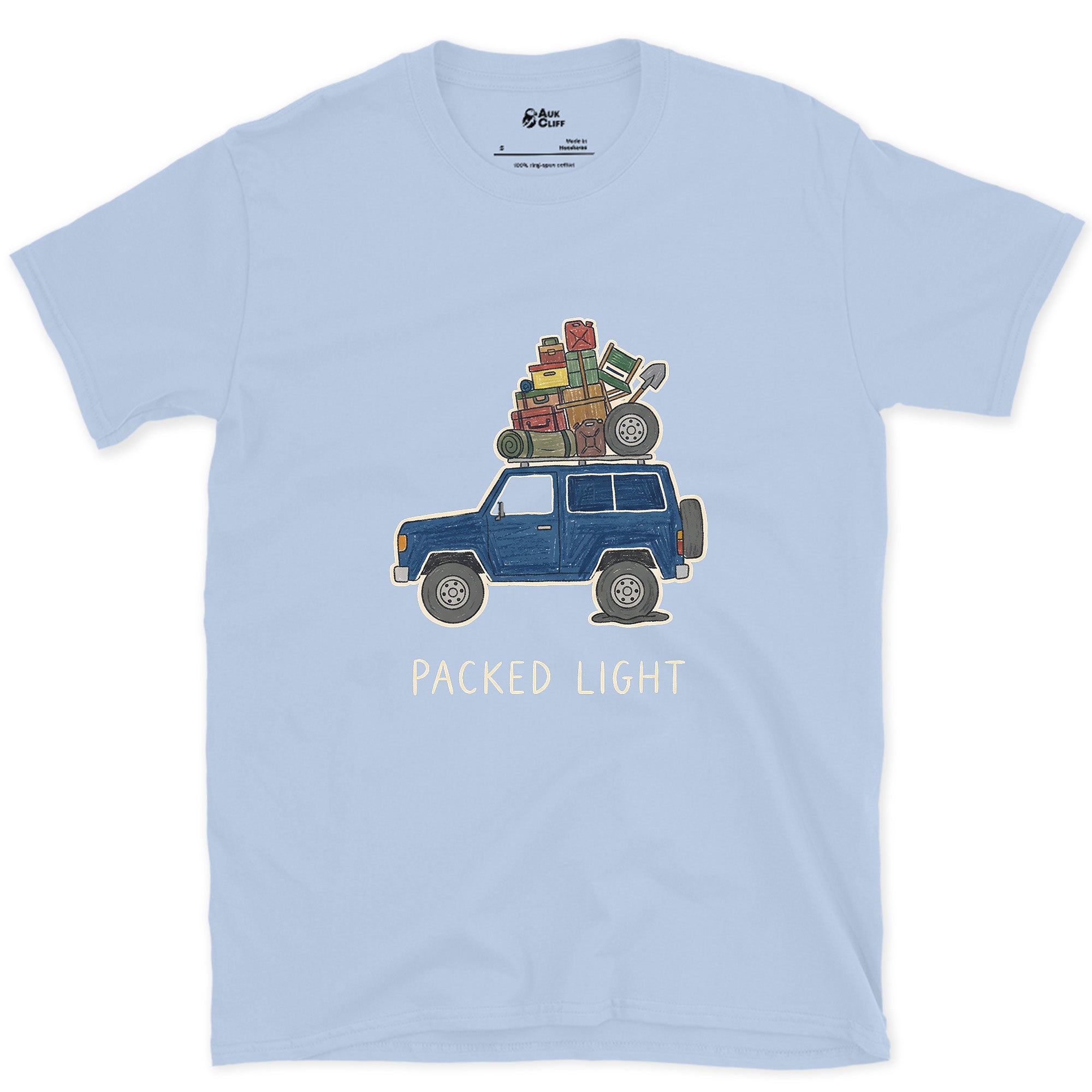 Packed Light, Blue 4x4 Wagon Roof Rack design on a Light Blue Gildan Softstyle t-shirt
