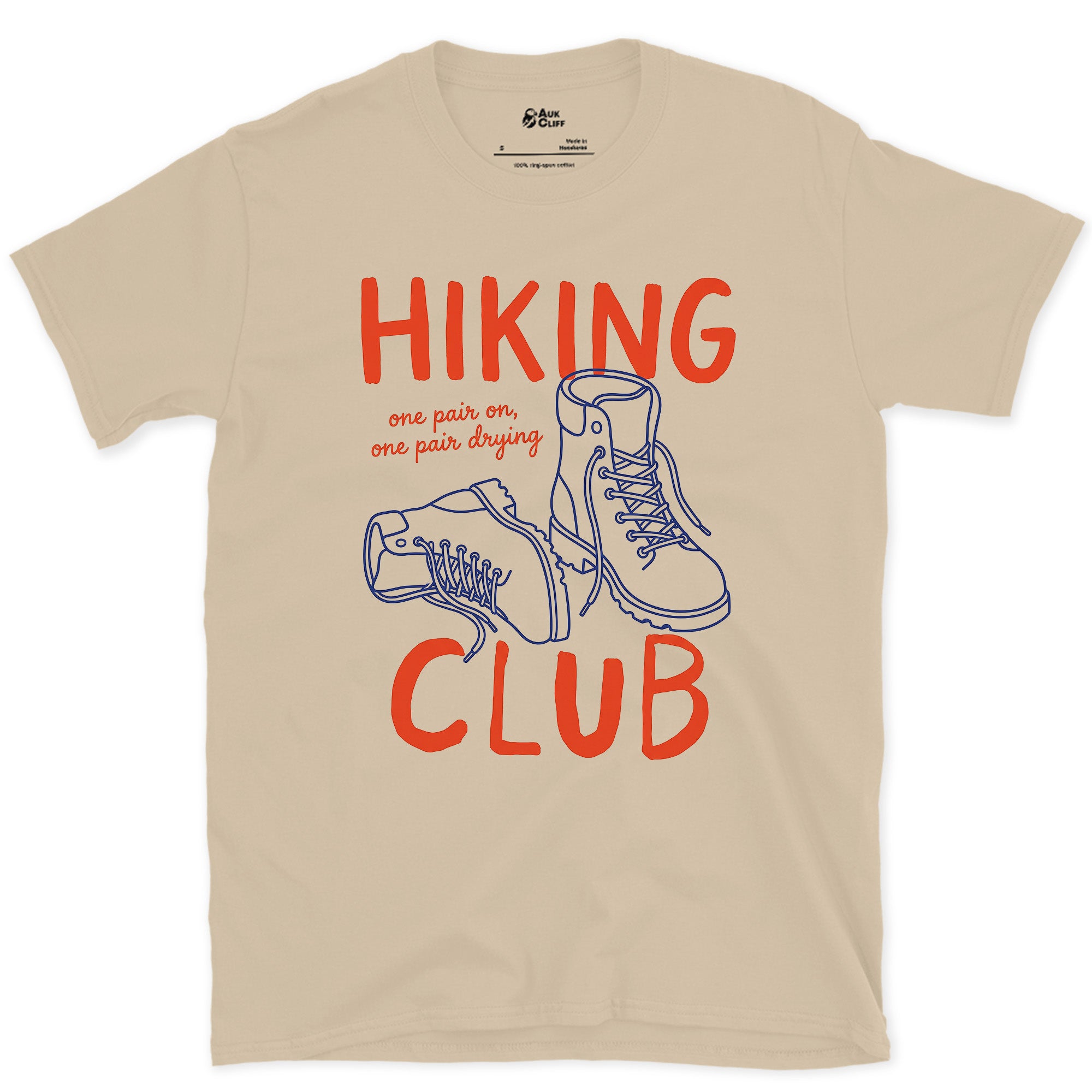 One Pair Worn, One Pair Drying, Hiking Club design on a Sand Gildan Softstyle t-shirt