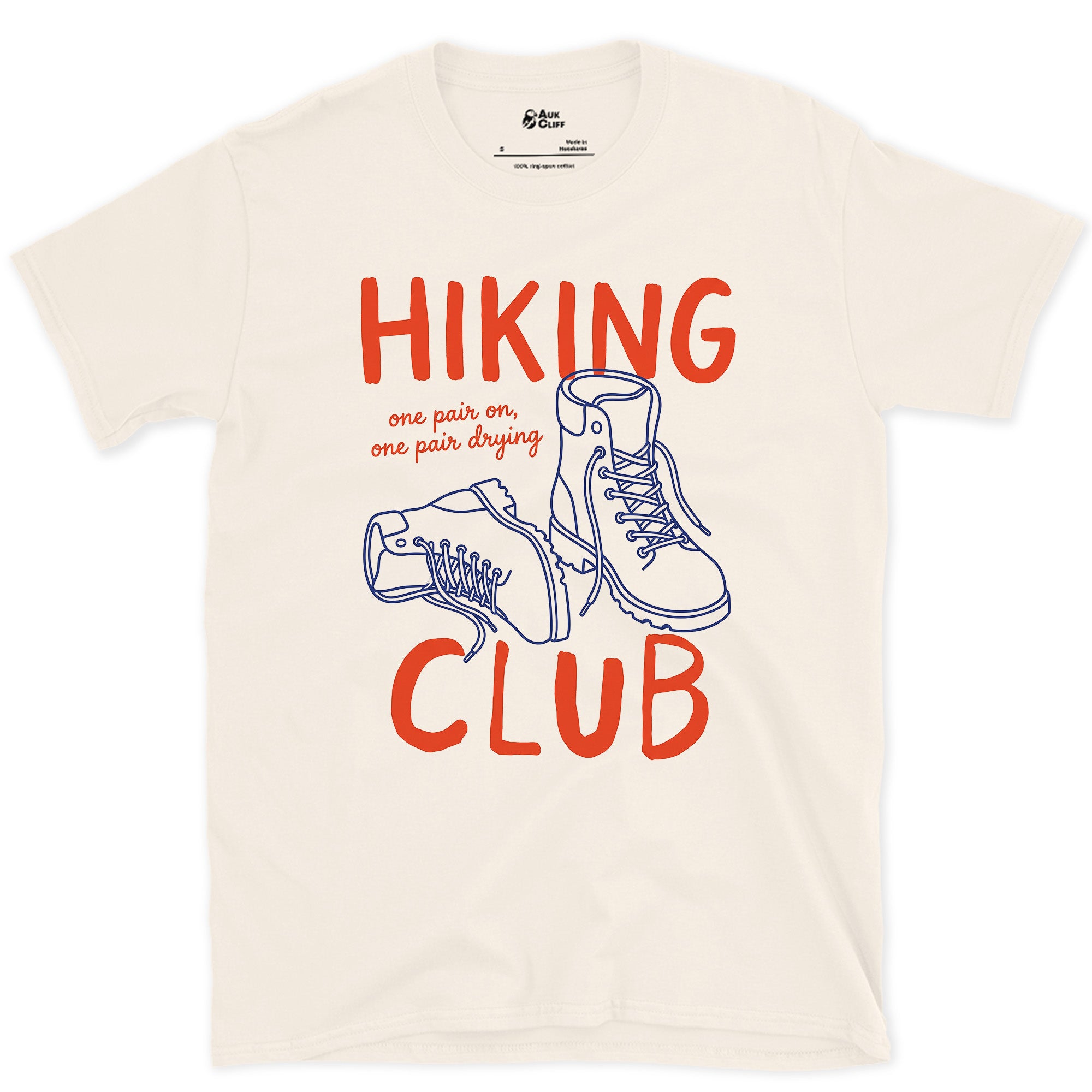One Pair Worn, One Pair Drying, Hiking Club design on a Natural Gildan Softstyle t-shirt