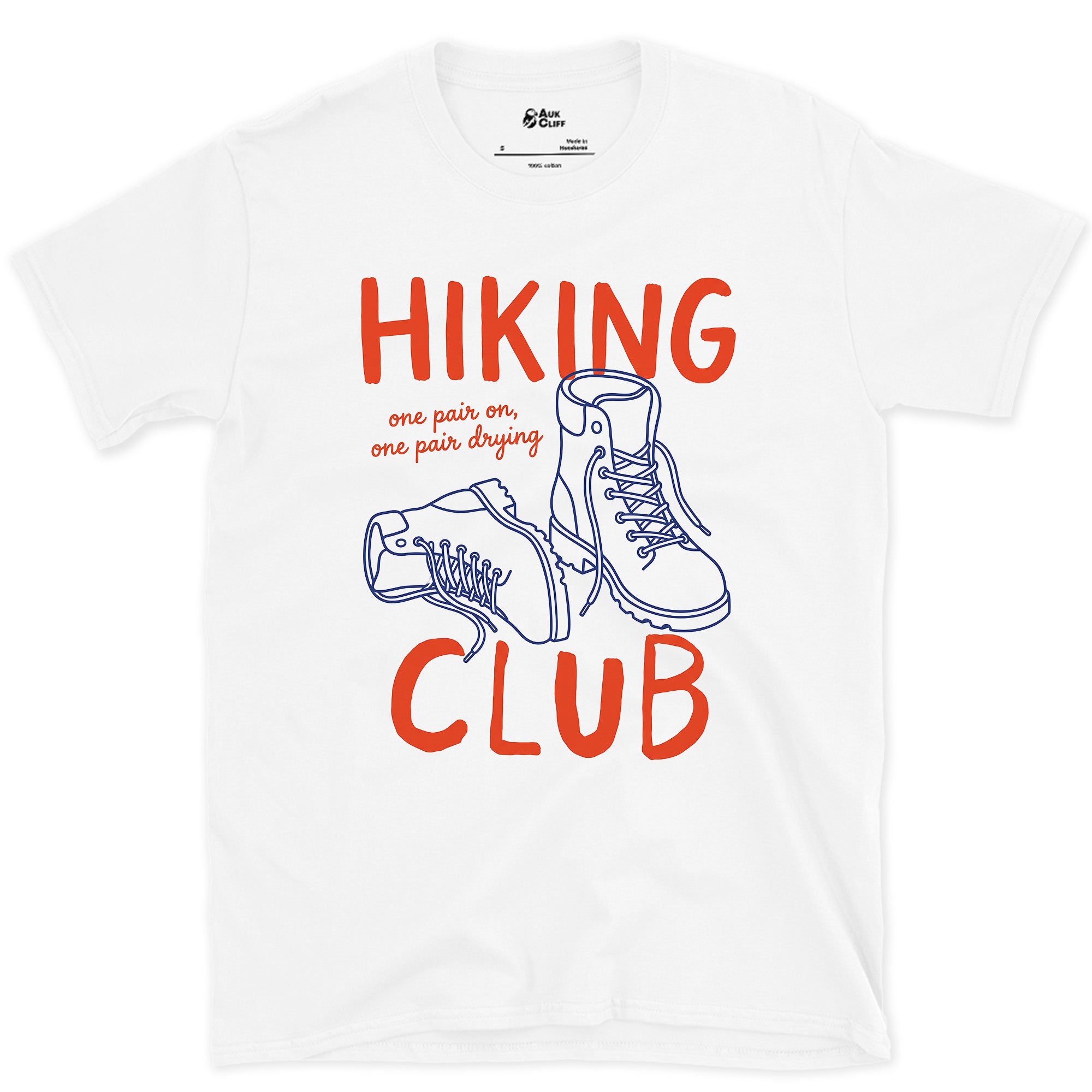 One Pair Worn, One Pair Drying, Hiking Club design on a White Gildan Softstyle t-shirt