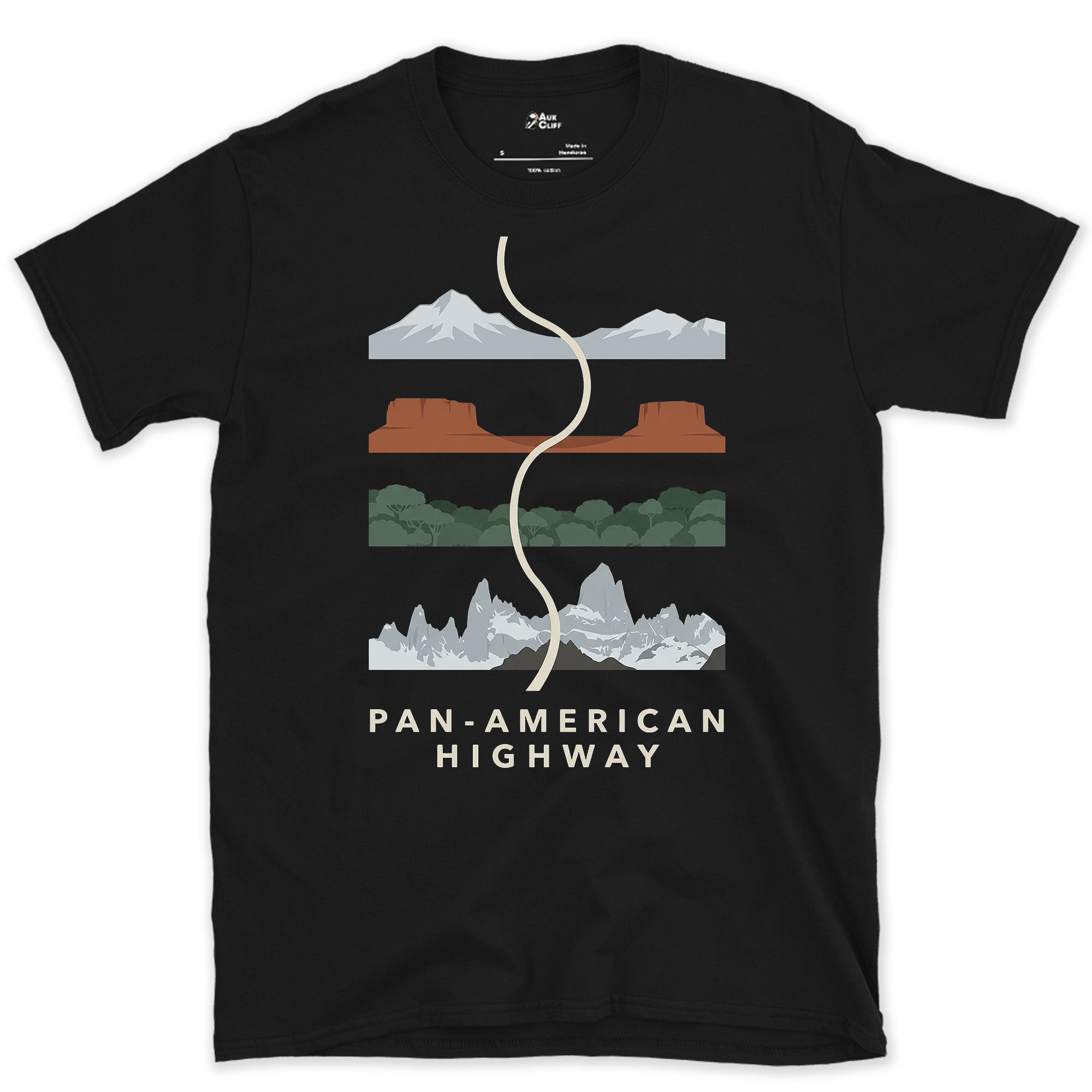 Pan American Highway, Three Terrains at Once design on a Black Gildan Softstyle t-shirt