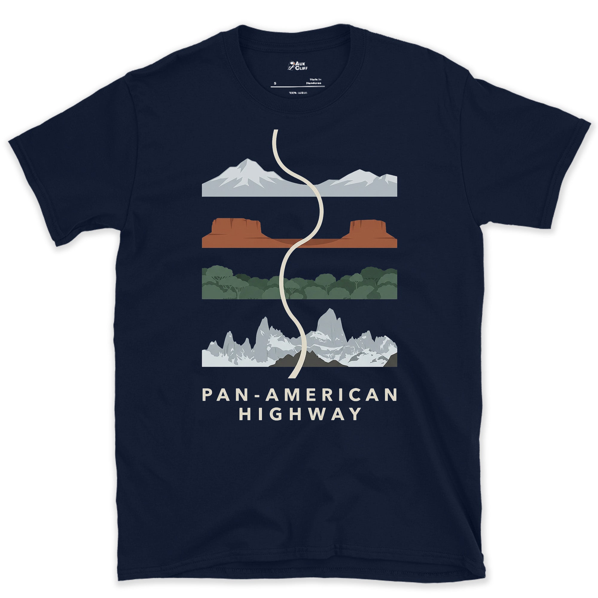 Pan American Highway, Three Terrains at Once design on a Navy Gildan Softstyle t-shirt
