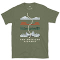Pan American Highway, Three Terrains at Once design on a Military Green Gildan Softstyle t-shirt