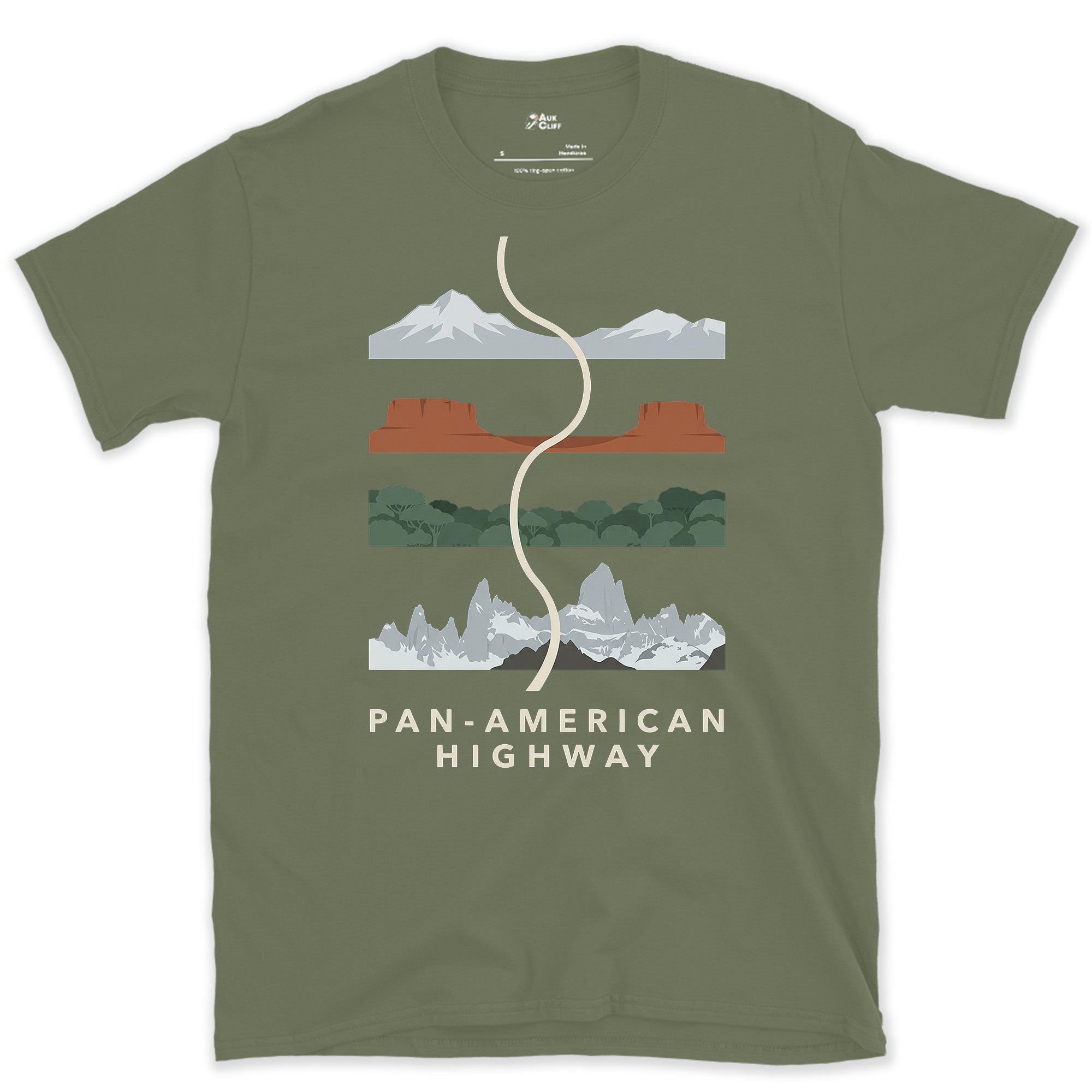 Pan American Highway, Three Terrains at Once design on a Military Green Gildan Softstyle t-shirt