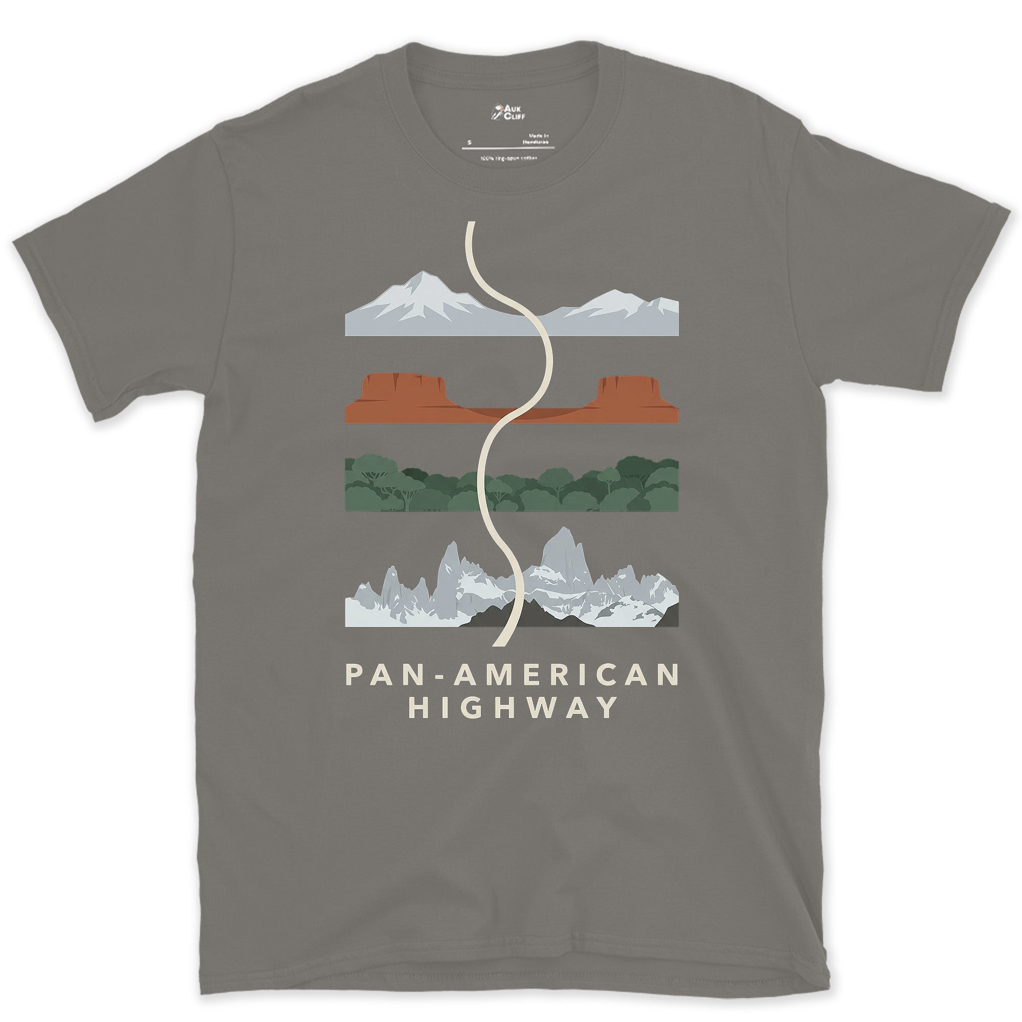 Pan American Highway, Three Terrains at Once design on a Charcoal Gildan Softstyle t-shirt