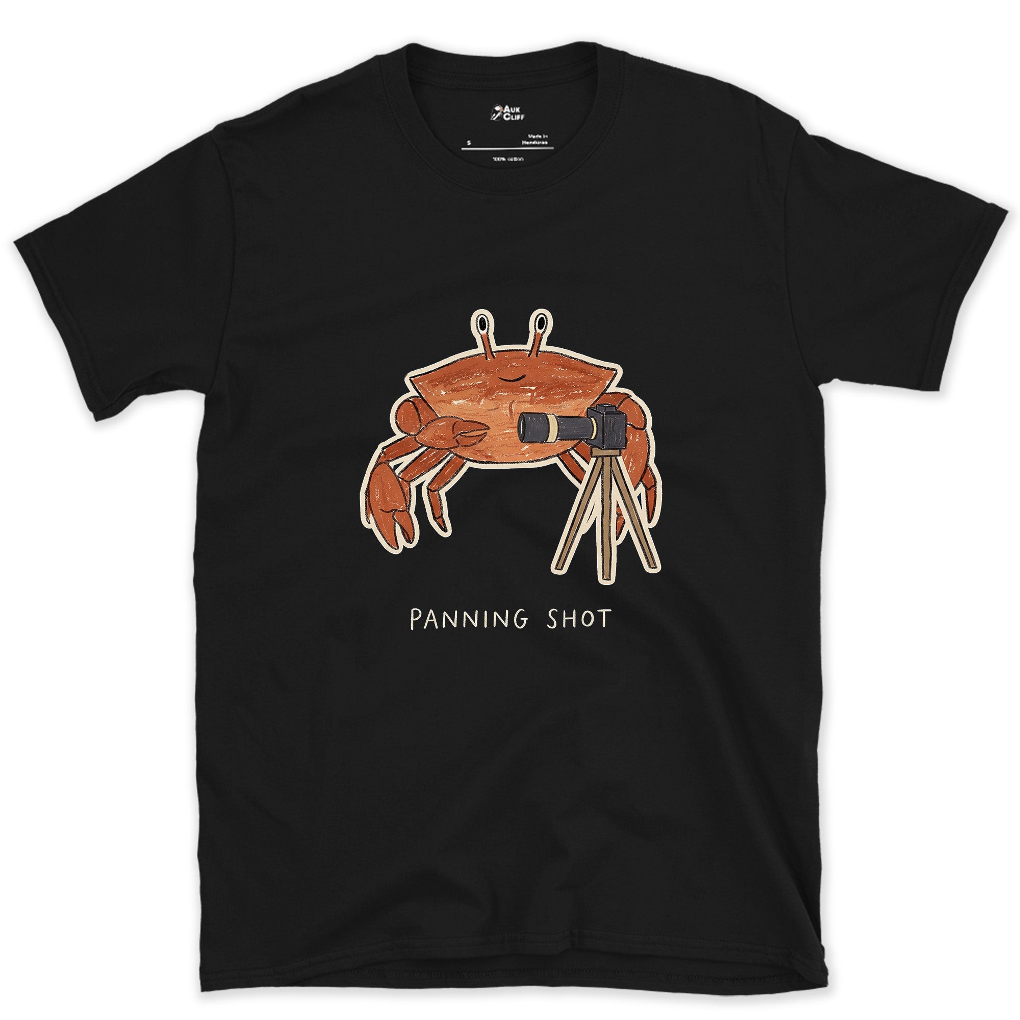 Panning Shot, Crab Walks Sideways Anyway design on a Black Gildan Softstyle t-shirt