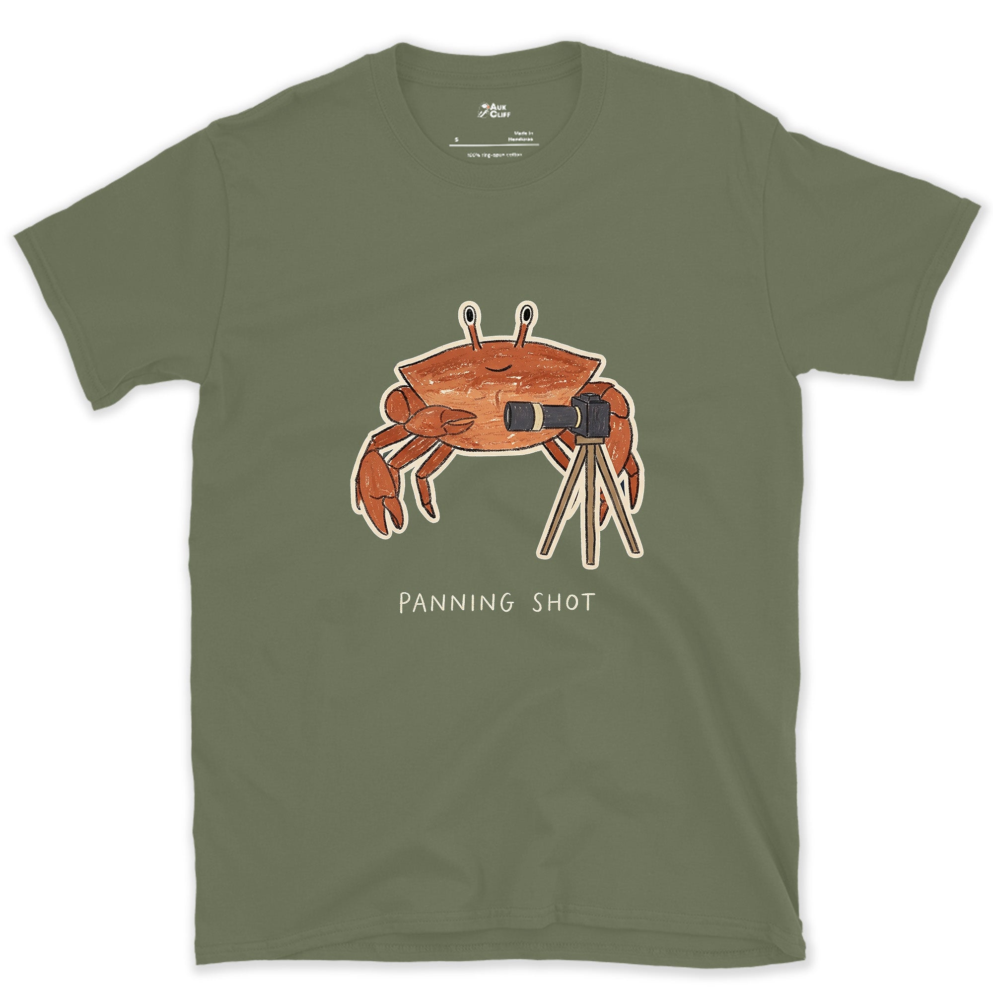 Panning Shot, Crab Walks Sideways Anyway design on a Military Green Gildan Softstyle t-shirt