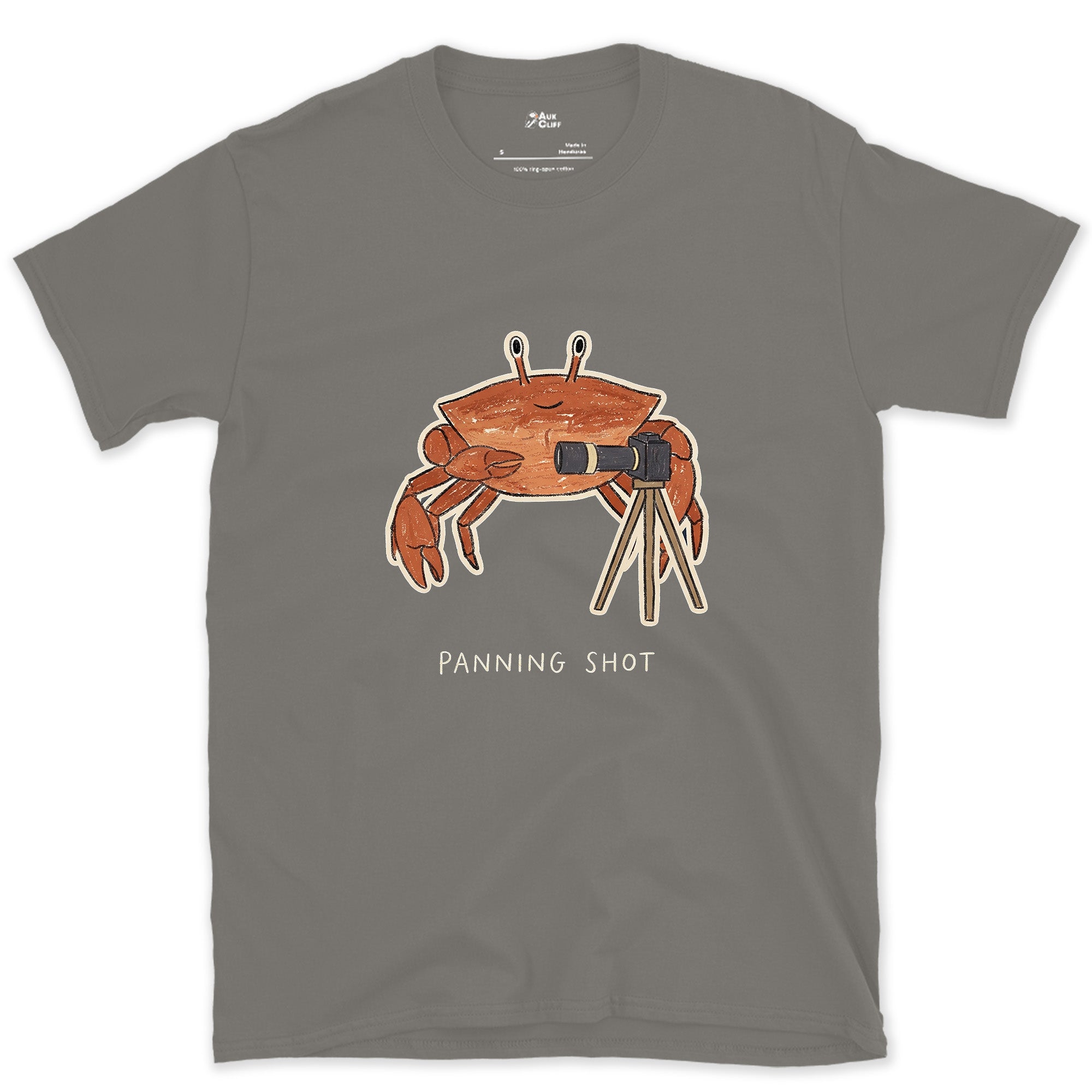 Panning Shot, Crab Walks Sideways Anyway design on a Charcoal Gildan Softstyle t-shirt