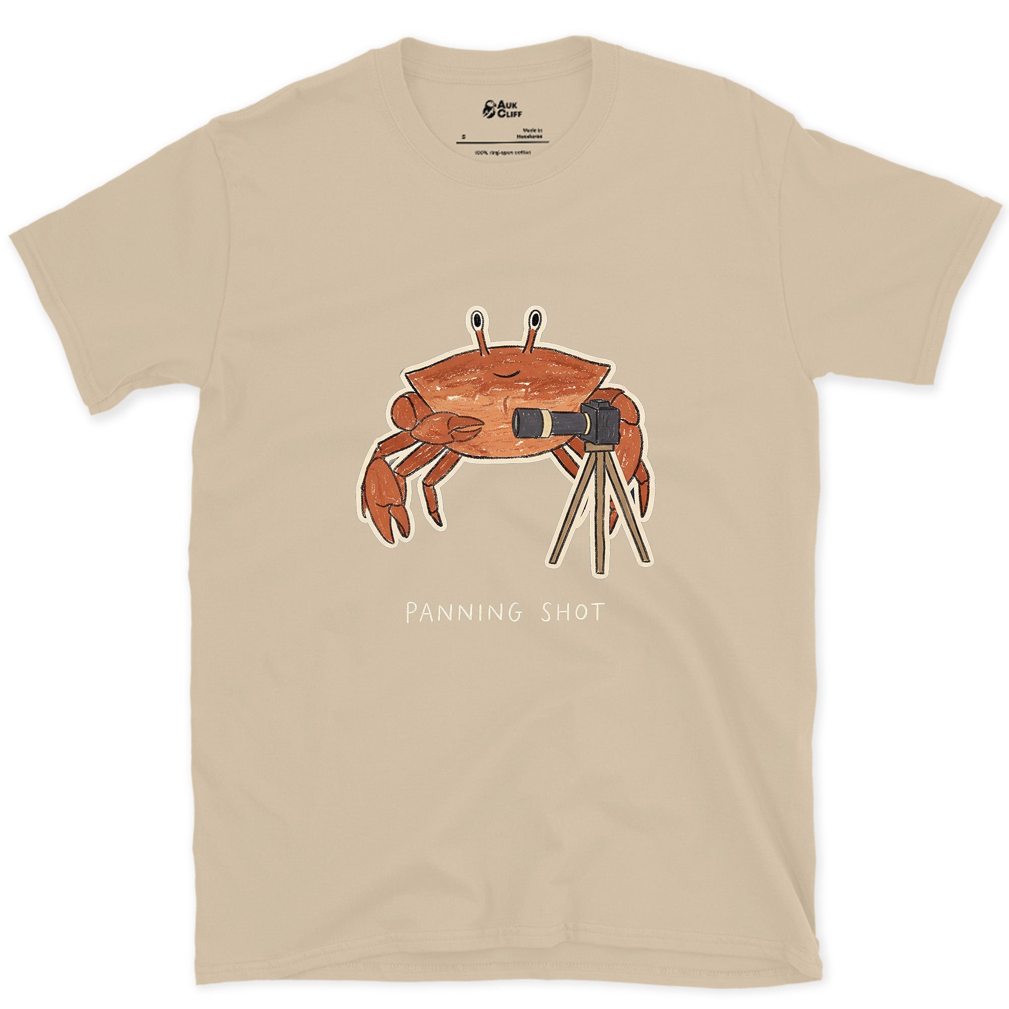 Panning Shot, Crab Walks Sideways Anyway design on a Sand Gildan Softstyle t-shirt