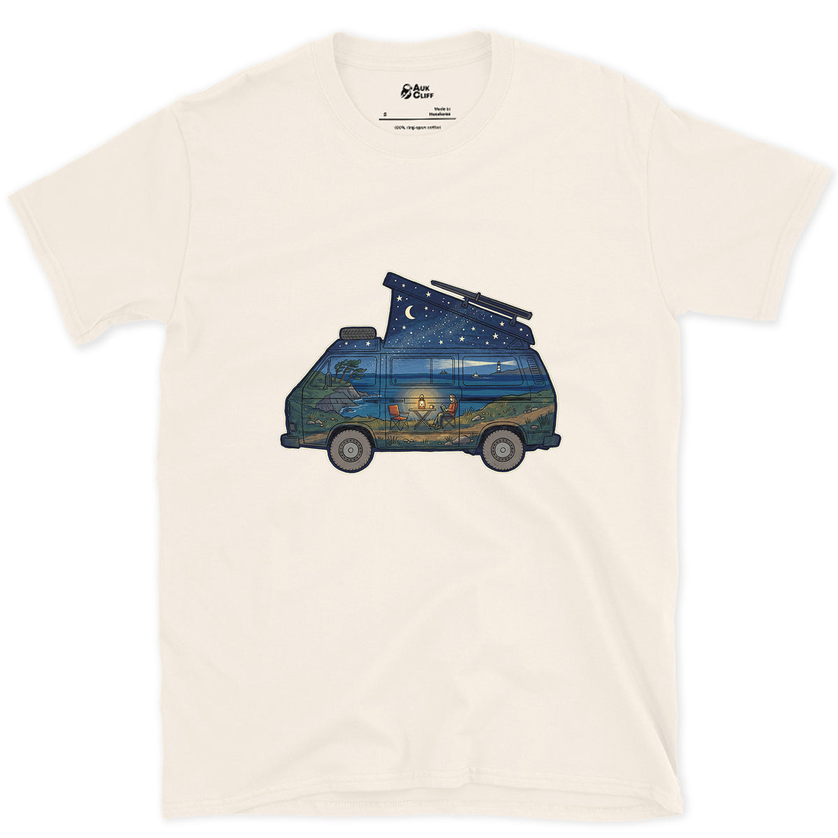 Parked Above the Sea, Camper Van design on a Natural Gildan Softstyle t-shirt
