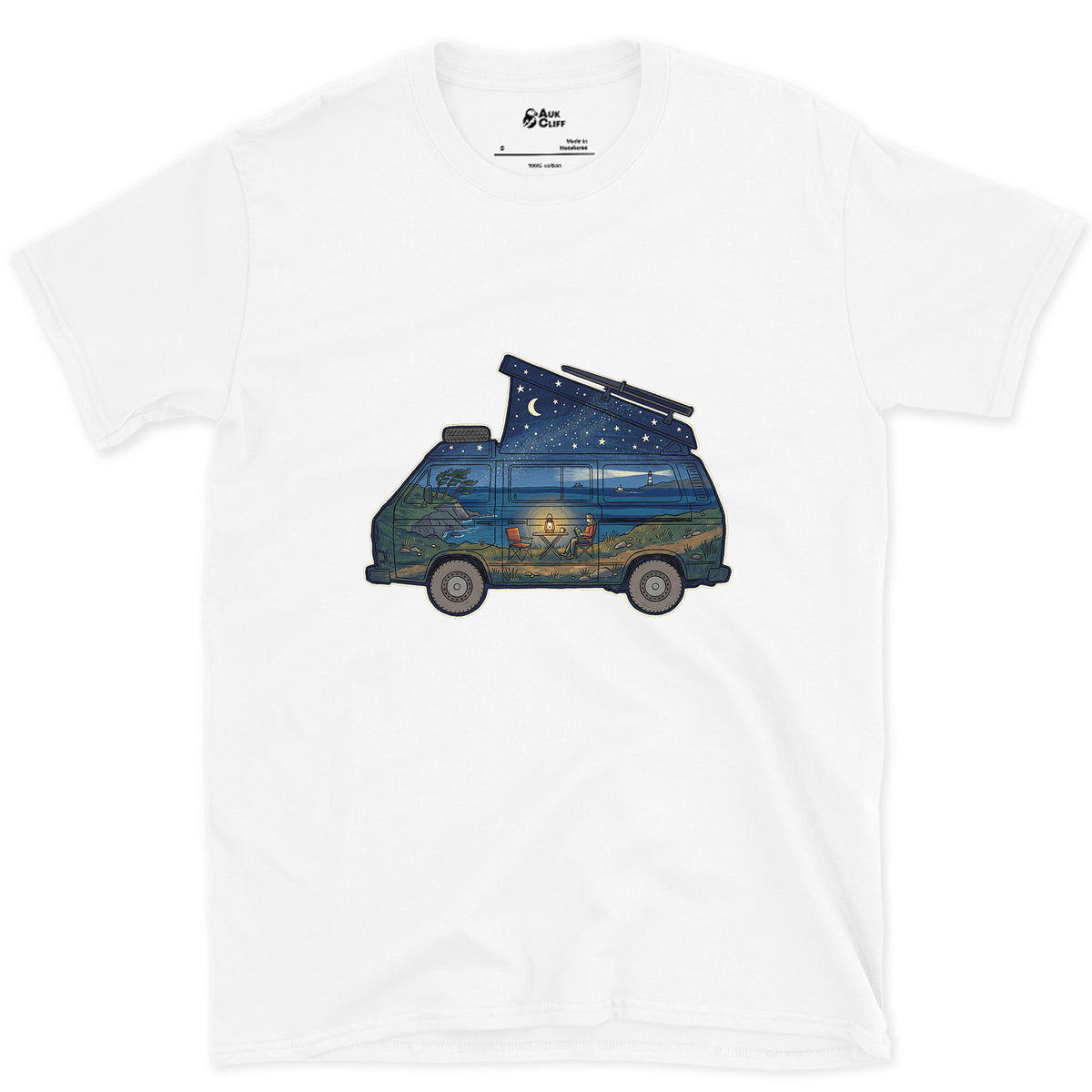 Parked Above the Sea, Camper Van design on a White Gildan Softstyle t-shirt