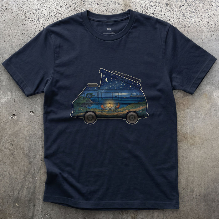 Parked Above the Sea, Camper Van design on a Navy Gildan Softstyle t-shirt