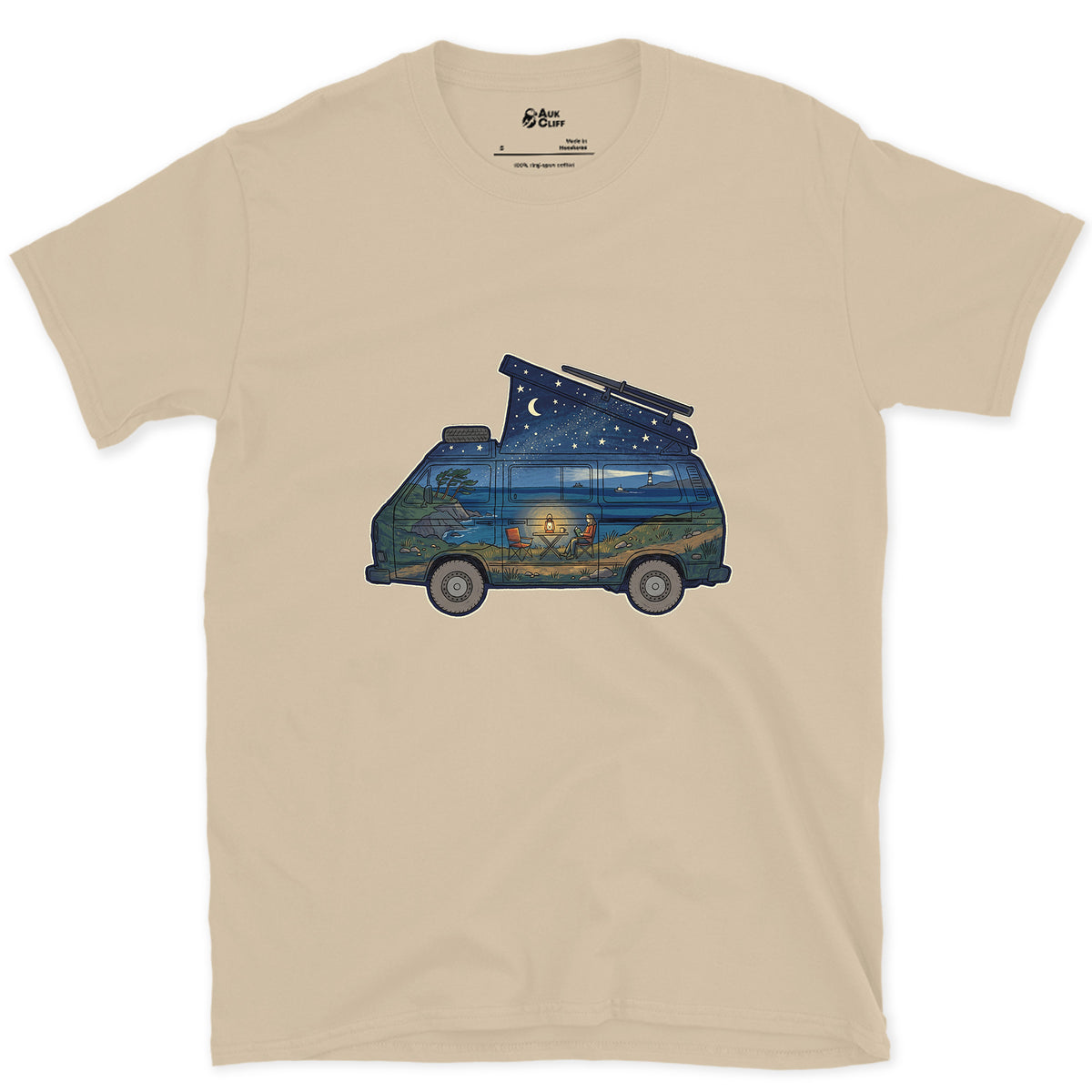 Parked Above the Sea, Camper Van design on a Sand Gildan Softstyle t-shirt