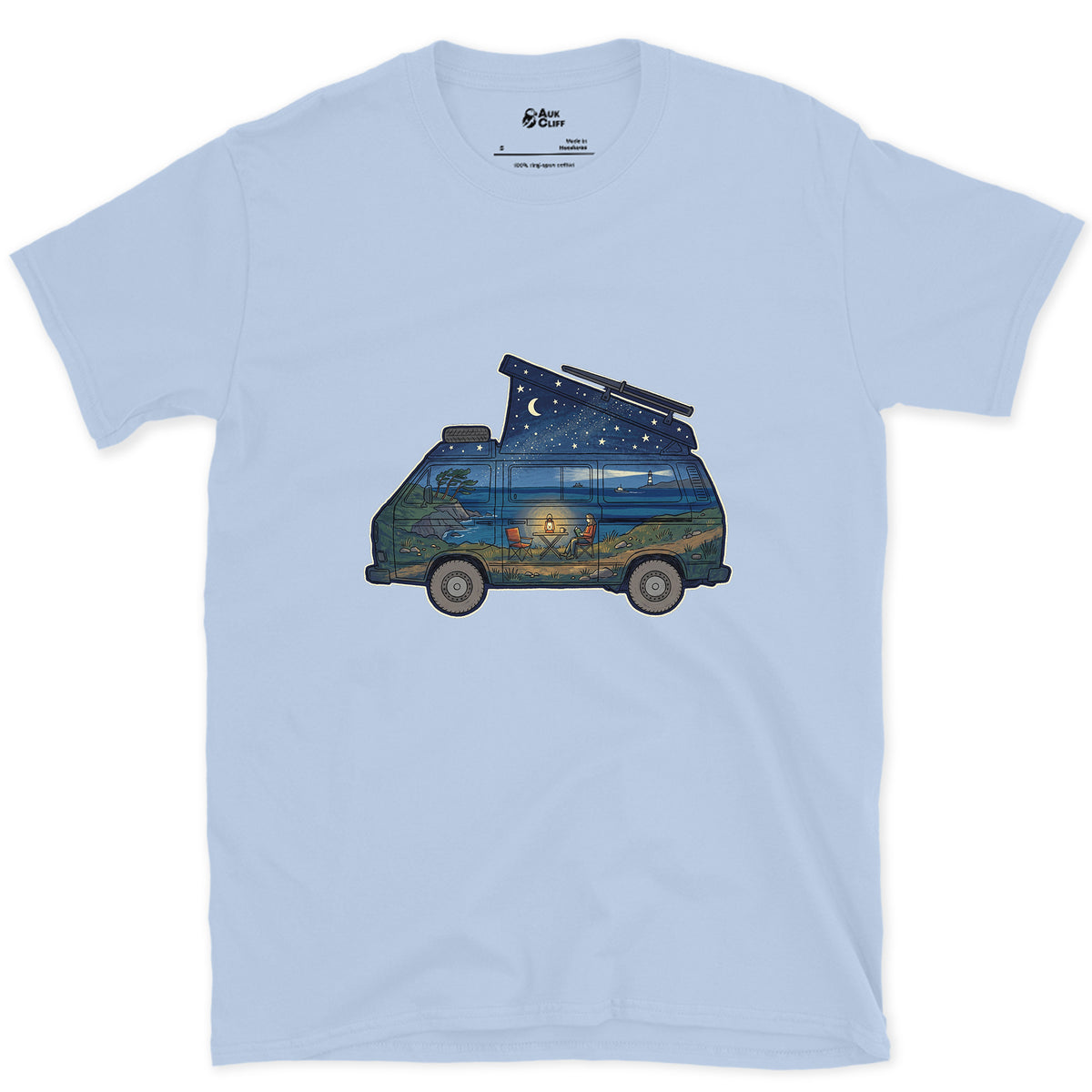 Parked Above the Sea, Camper Van design on a Light Blue Gildan Softstyle t-shirt