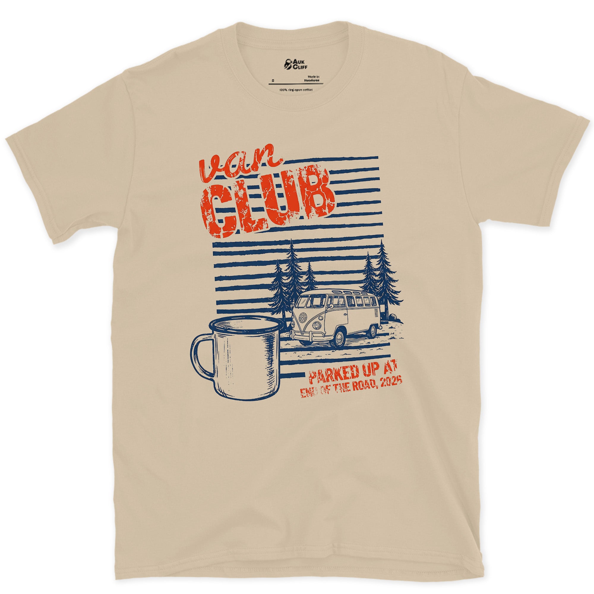 Parked Up at End of the Road, Van Club design on a Sand Gildan Softstyle t-shirt