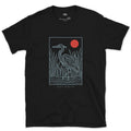 Patience, Heron in the Reeds Under a Red Sun design on a Black Gildan Softstyle t-shirt