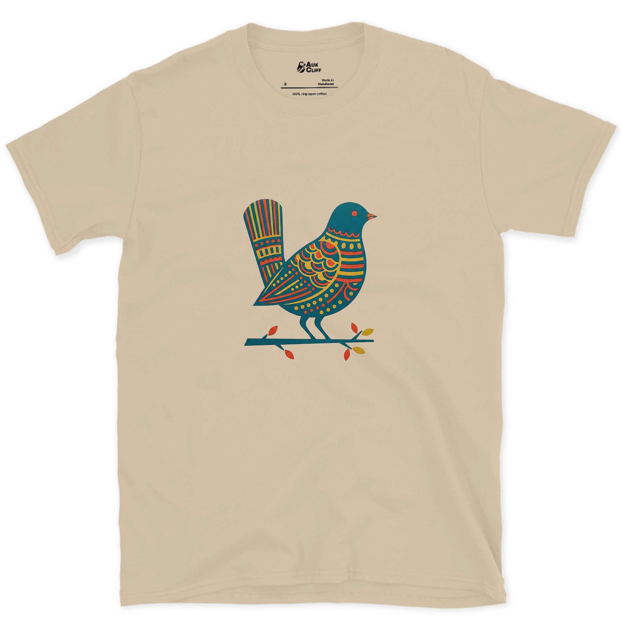 A Bird Patterned Edge to Edge on Its Branch design on a Sand Gildan Softstyle t-shirt