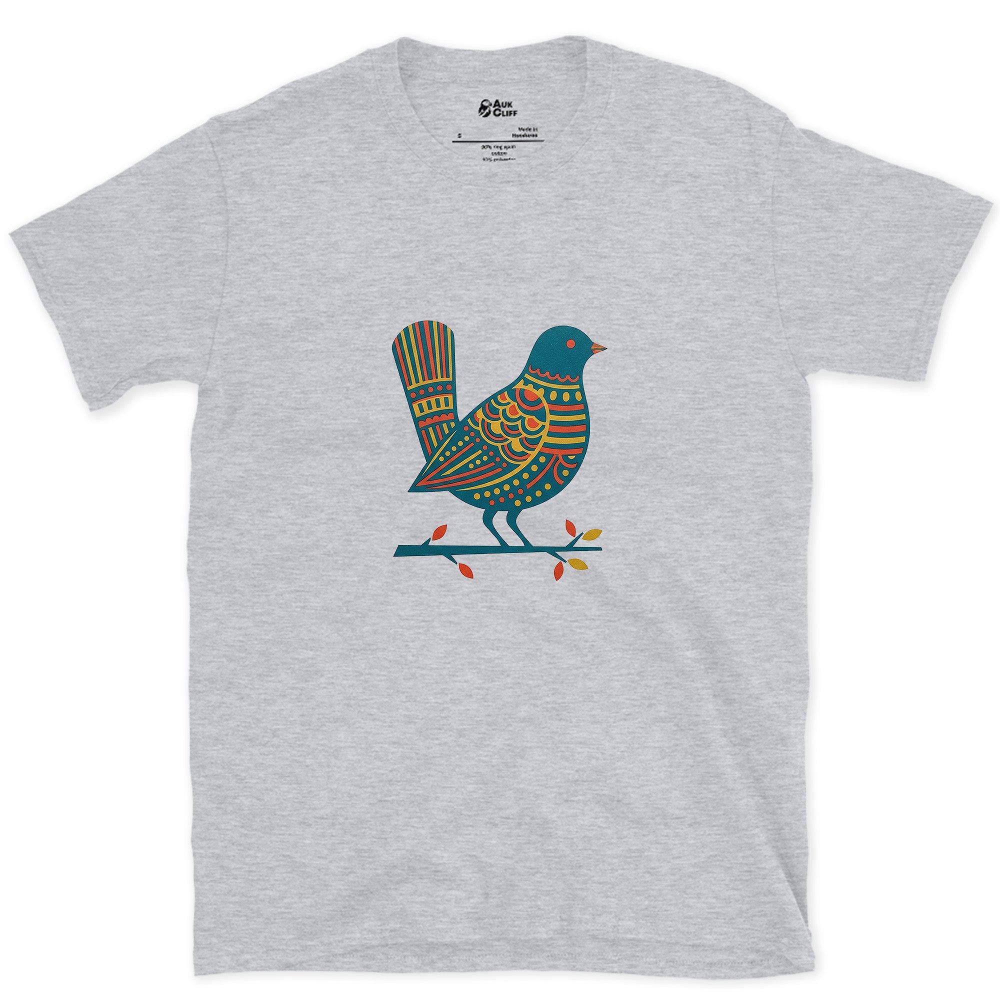 A Bird Patterned Edge to Edge on Its Branch design on a Sport Grey Gildan Softstyle t-shirt
