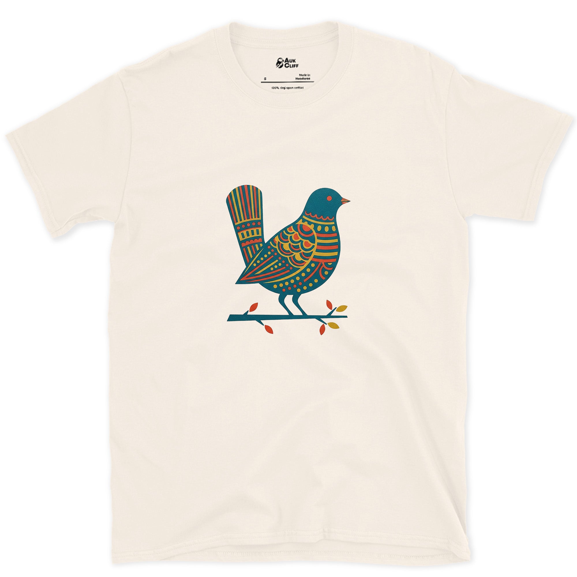 A Bird Patterned Edge to Edge on Its Branch design on a Natural Gildan Softstyle t-shirt