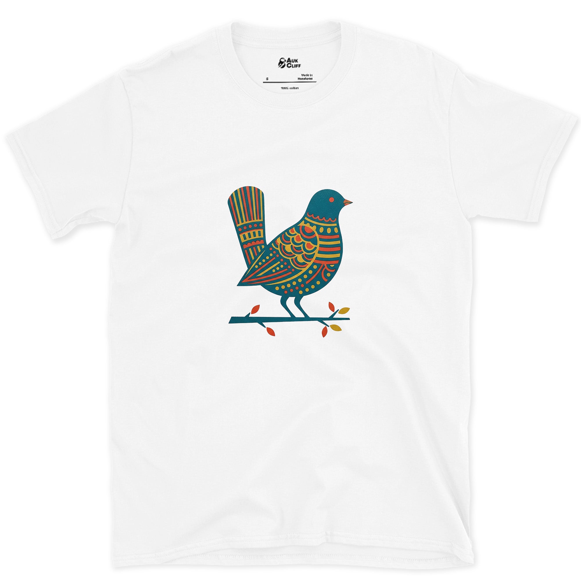 A Bird Patterned Edge to Edge on Its Branch design on a White Gildan Softstyle t-shirt